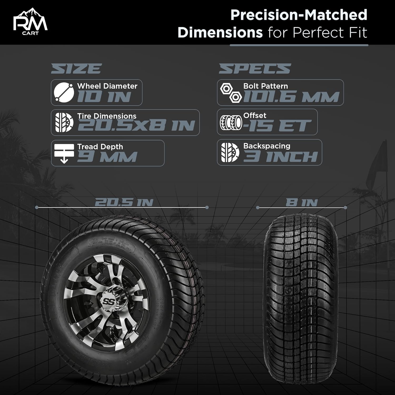 RM Cart 10" Warlock Black/Machined on 205/65-10 LSI Elite Low Rise 4-Ply Tires (Set of 4) | Golf Cart Tires and Wheels Combo with Metric Lug Nuts