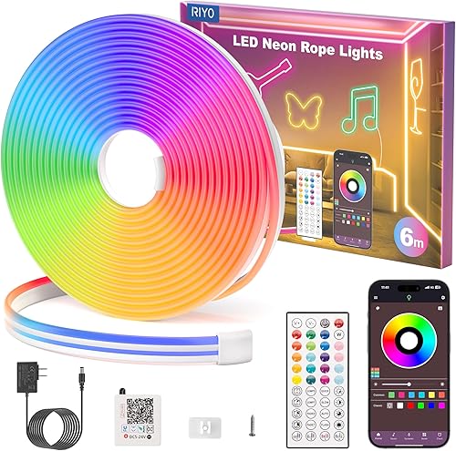 RIYO Tira de luces LED RGB de 20 pies, aplicación y control remoto, sincronización de música, impermeable IP67, luces de neón flexibles para