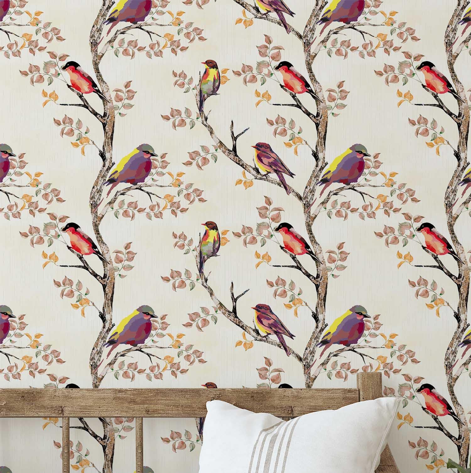 Papier peint oiseaux S4Sassy pour un salon beige chaleureux