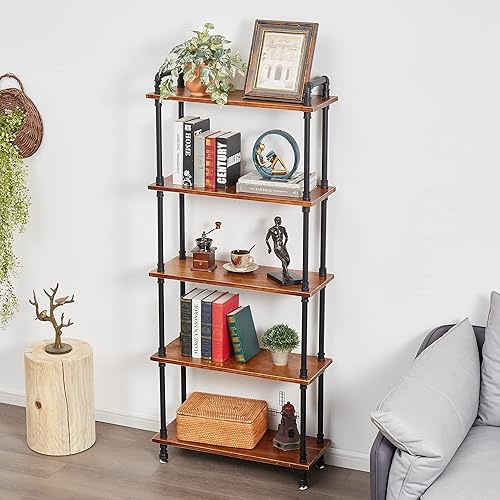 Industrial Bookshelf, Bookcases and Book Shelves 5 Shelf,Pipe Bookshelf, Industrial Pipe Shelving, Pipe Shelves(Rustic Brown, 29.5" L x 11.8" W x 61" H)