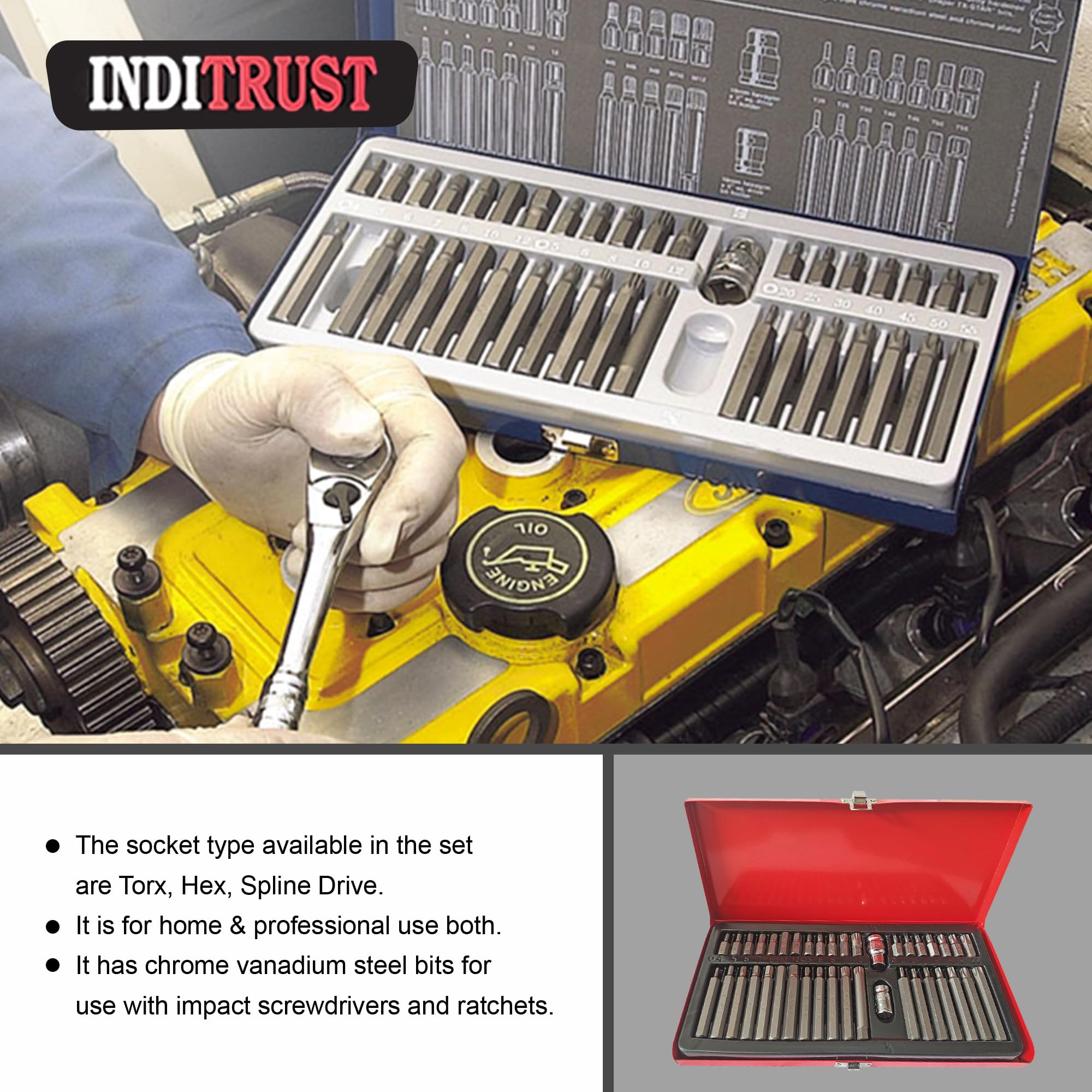 Inditrust 40pc Torx set Star Spline set Hex Allen Key Socket Bit Set 3/8 & 1/2 Drive Alan T20-t55 Socket Set (Pack of 40) (METAL BOX) 1