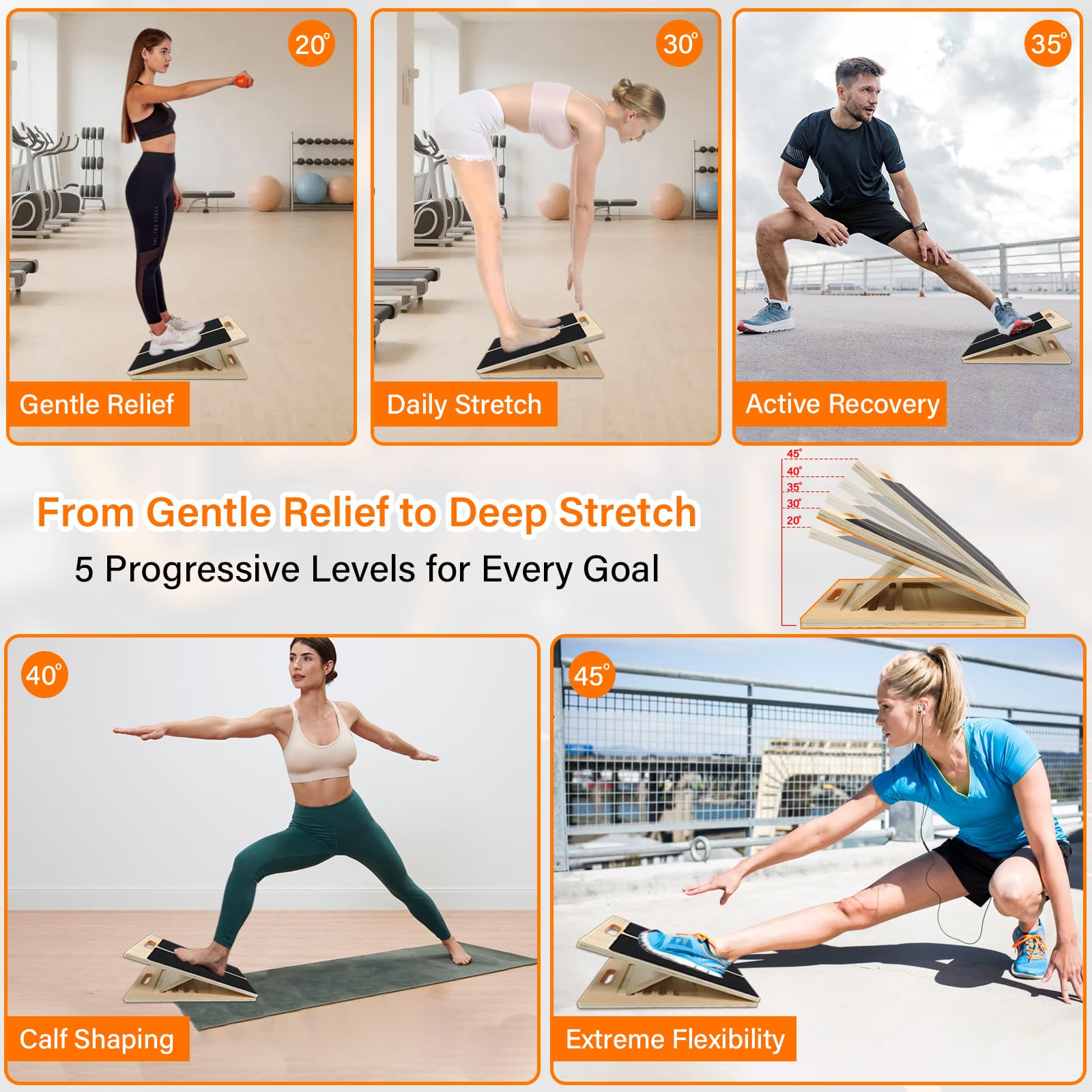 Tabla Inclinada para Estirar Pantorrillas, Tabla Inclinada Ajustable de Madera tabla de Ejercicios de Madera Fitness para Estiramientos de Pantorrillas Tobillos Piernas y Sentadillas Training