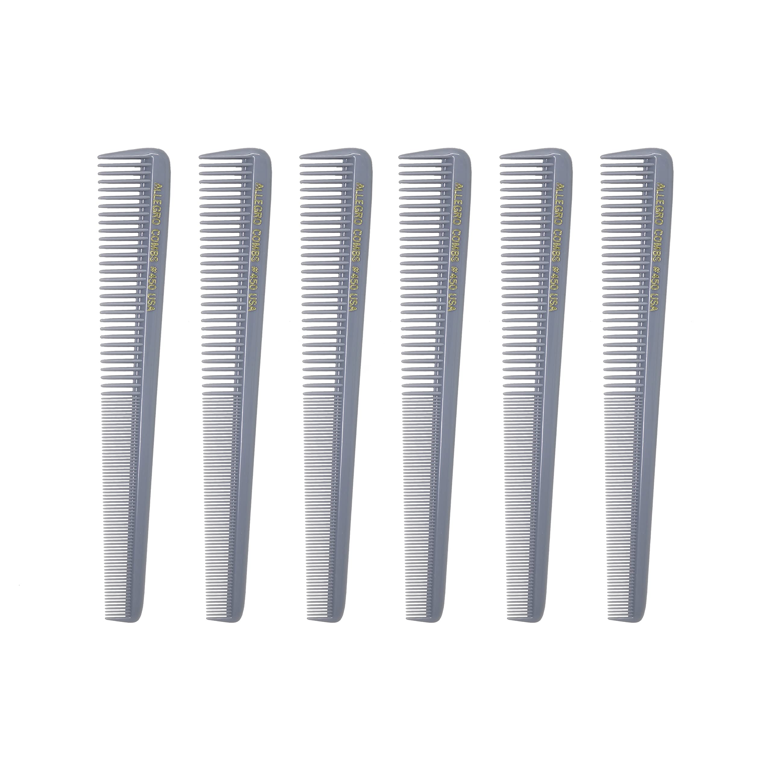 Allegro Tapered Hair Combs - 6 Pcs Barber & Hairstylist Combs for Men & Women, Made in USA (Gray)