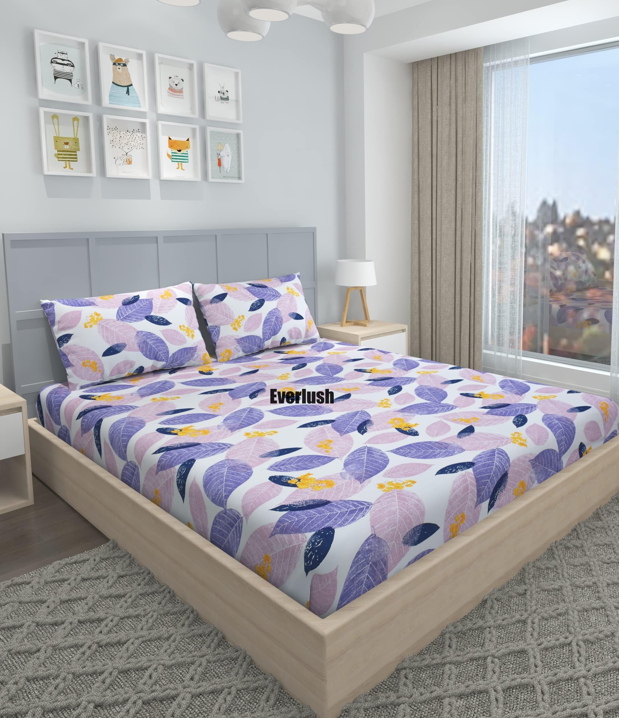 Best Fitted with Elastic Bedsheet Platinum Printed Bedsheets Double King Size Bedsheets with 2 Pillow Covers Glace Cotton bedsheet | 78 x 72 (Purple Leafe)