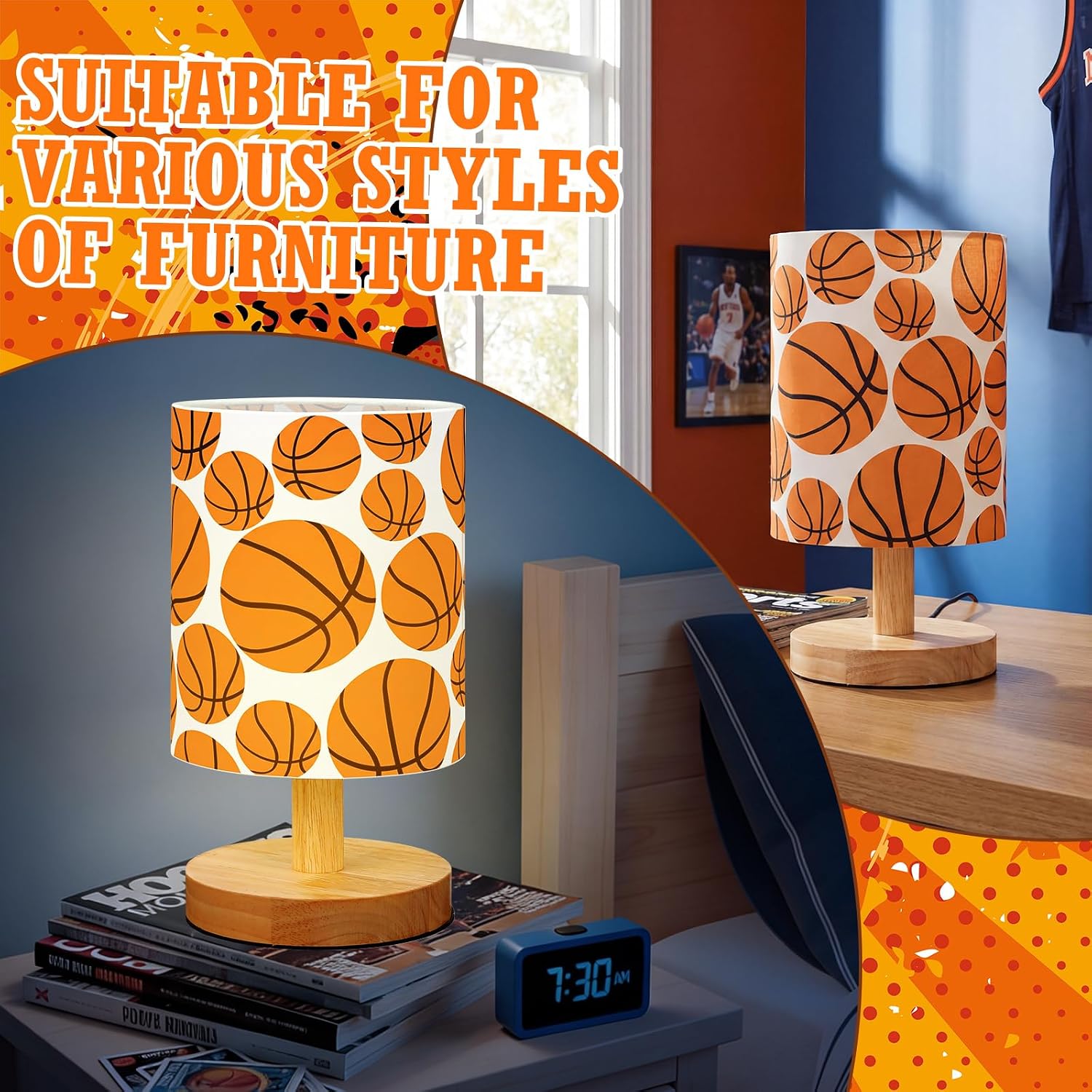 VIHOSE Basketball Kids Table Lamp for Bedroom Kids Bedside Lamp with Linen Wooden Nightstand Cartoon Nursery Lampshade for Girls Boys Living Room