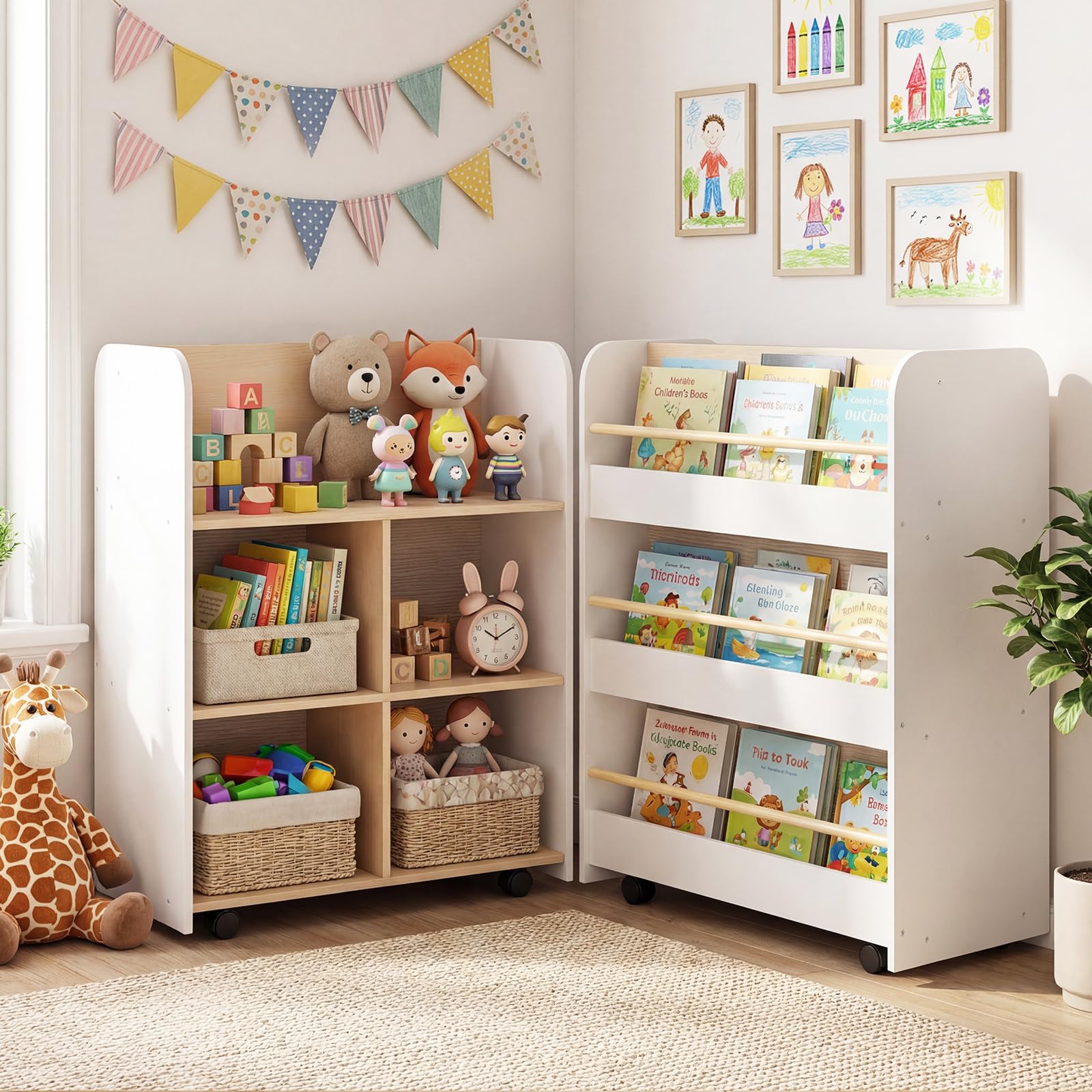COSTWAY Bibliothèque Enfant Double Face avec 3 Étagères et 5 Casiers Ouvertes, Étagère à Livres Enfant avec 4 Roues, Kit Anti-basculement, Organiseur de Jouets pour Salle de Jeux Crèche