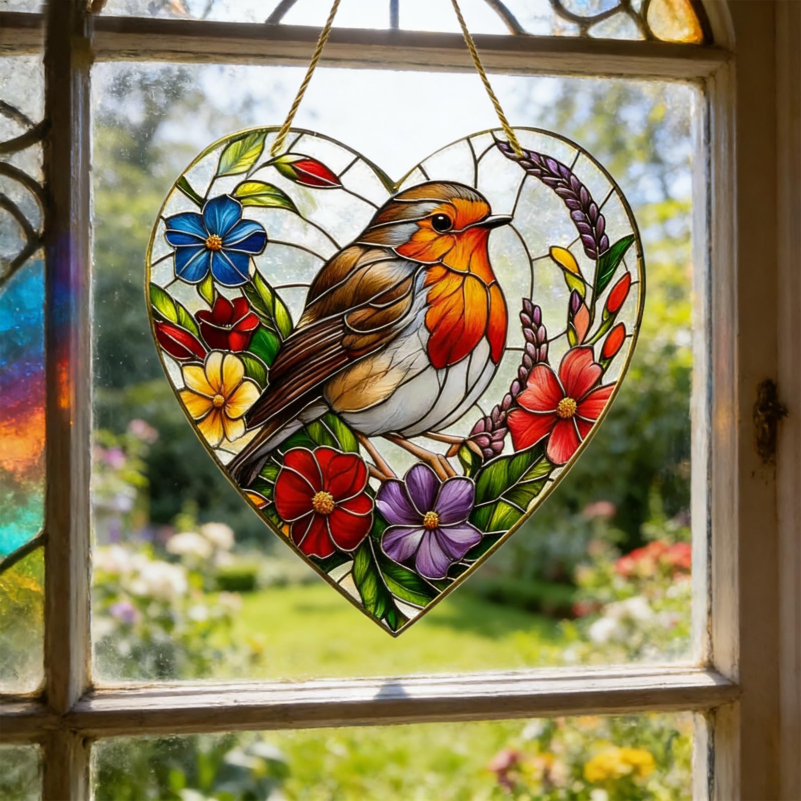 Atrapasoles para Ventana Petirrojos, Acrílico Suncatchers de Colores Colgante, Adorno de Jardín de Petirrojos para Ventanas, Patios, Paredes, Hogar y Jardín