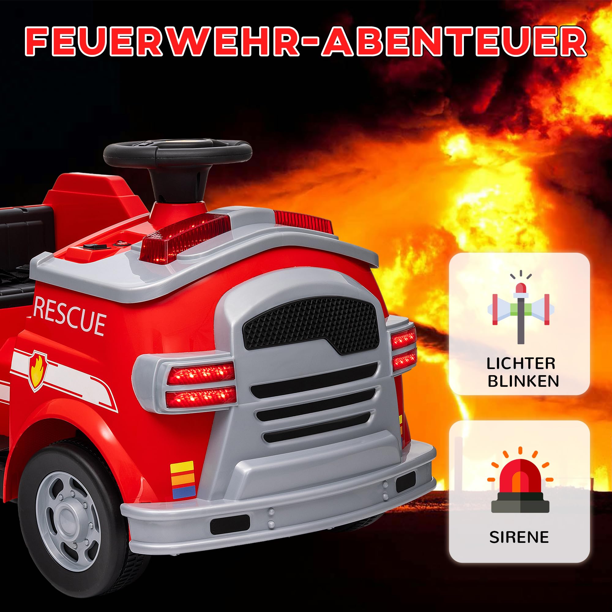 AIYAPLAY Kinder Elektroauto 12V Kinderauto Elektrisch für 3-5 Jahre Rot | Hupe, Musik, Sirene, Warnlampe, Elektrofahrzeug mit Scheinwerfer, Sanftanlauf, Kinder Feuerwehrauto, 3 km/h