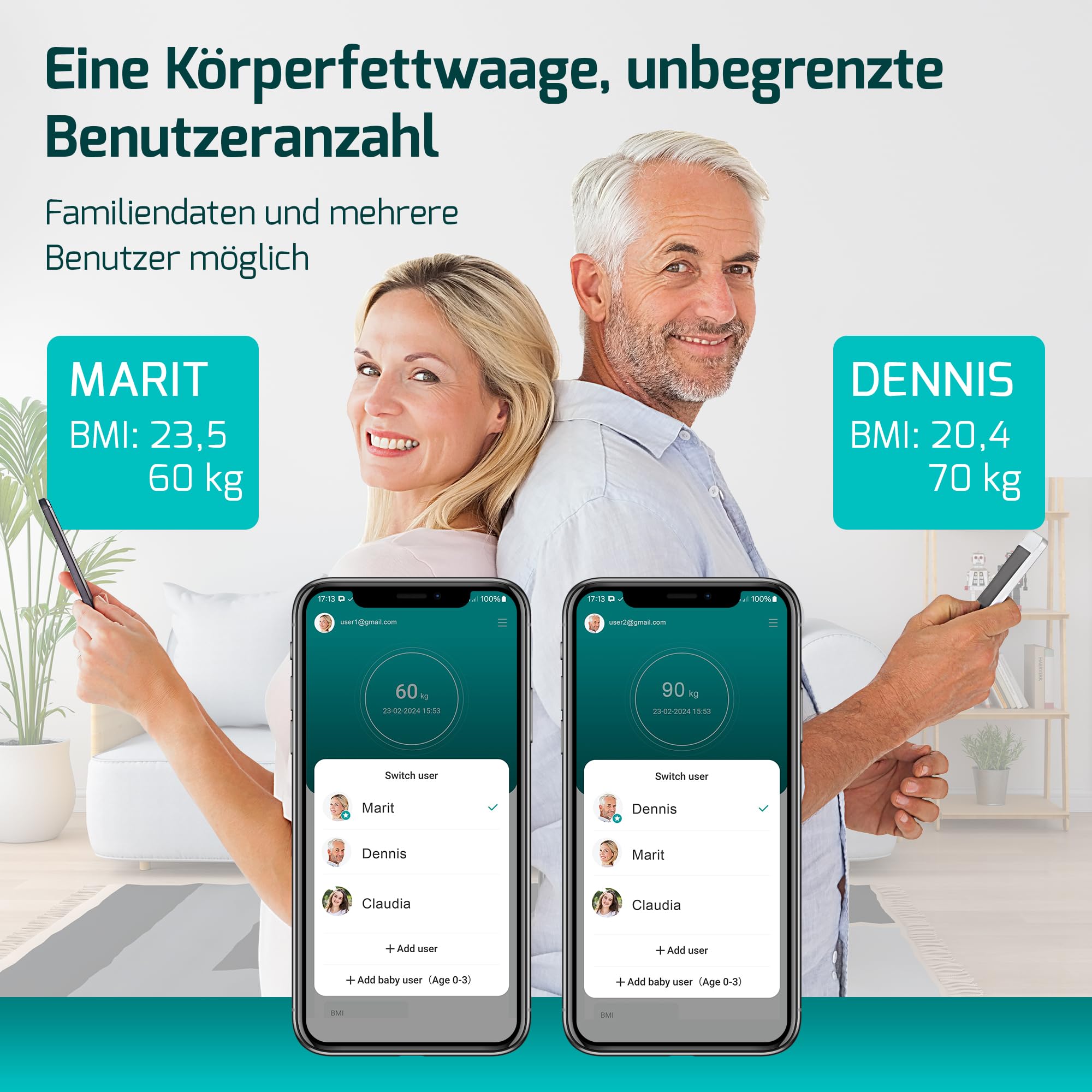Personenwaage digital Testsieger 2025, Körperwaage bis 225kg, Körperfettwaage mit 17 Körpermesswerten, Körperanalyse mit App, Waage mit Körperfett und Muskelmasse mit großem LED-Display - Schwarz