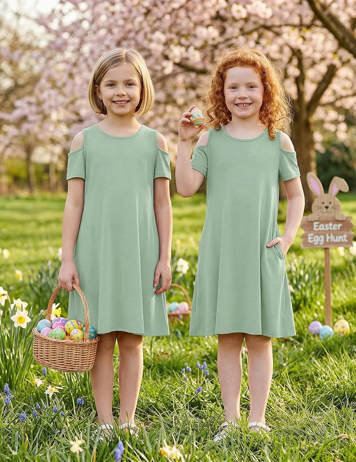 Arshiner Girls Summer Dress Short Sleeve Cold Shoulder Solid Color Swing Casual Dresses with Pockets image 4