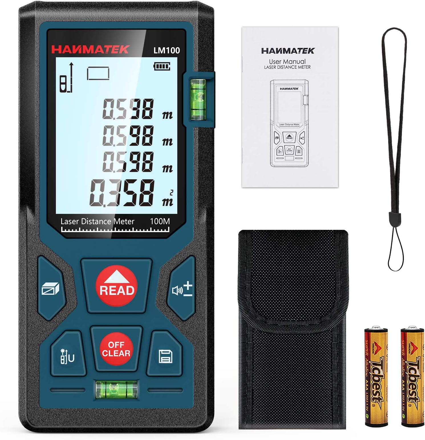 HANMATEK 328ft/100m Laser Measure Ft/In/M Switching LM100 Laser Measurement Tool Devices with 2 Bubble Levels Distance Meter,Large Backlit LCD and Pythagorean Mode, Carry Pouch and Battery Included