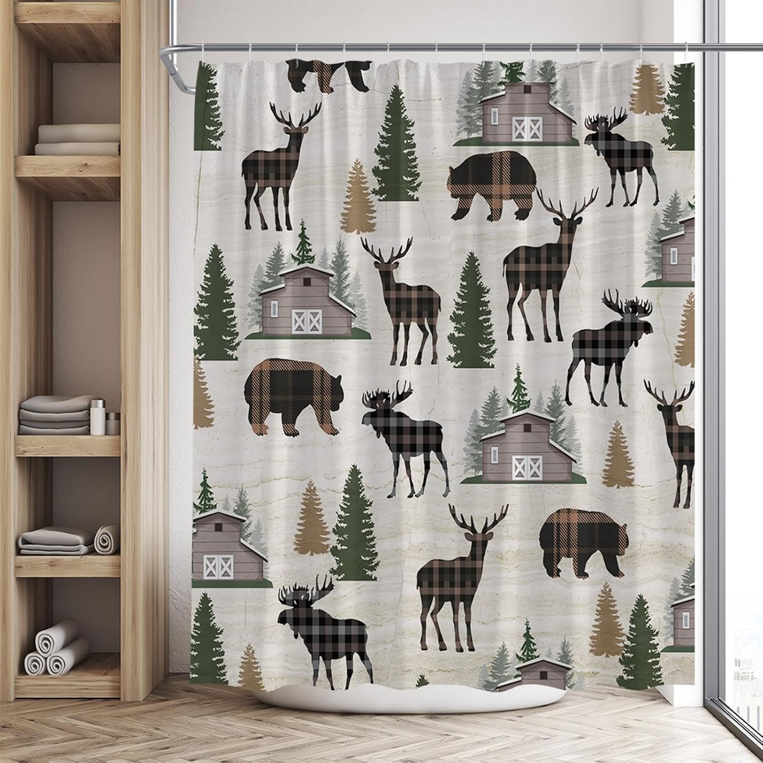 Rustic Cabin Shower Curtain Bear Deer Moose Forest Wildlife Pine Tree Country Camping Lodge Farmhouse Hunting Wild Animal Bathroom Decor Set with Hooks 90Wx70H Inch