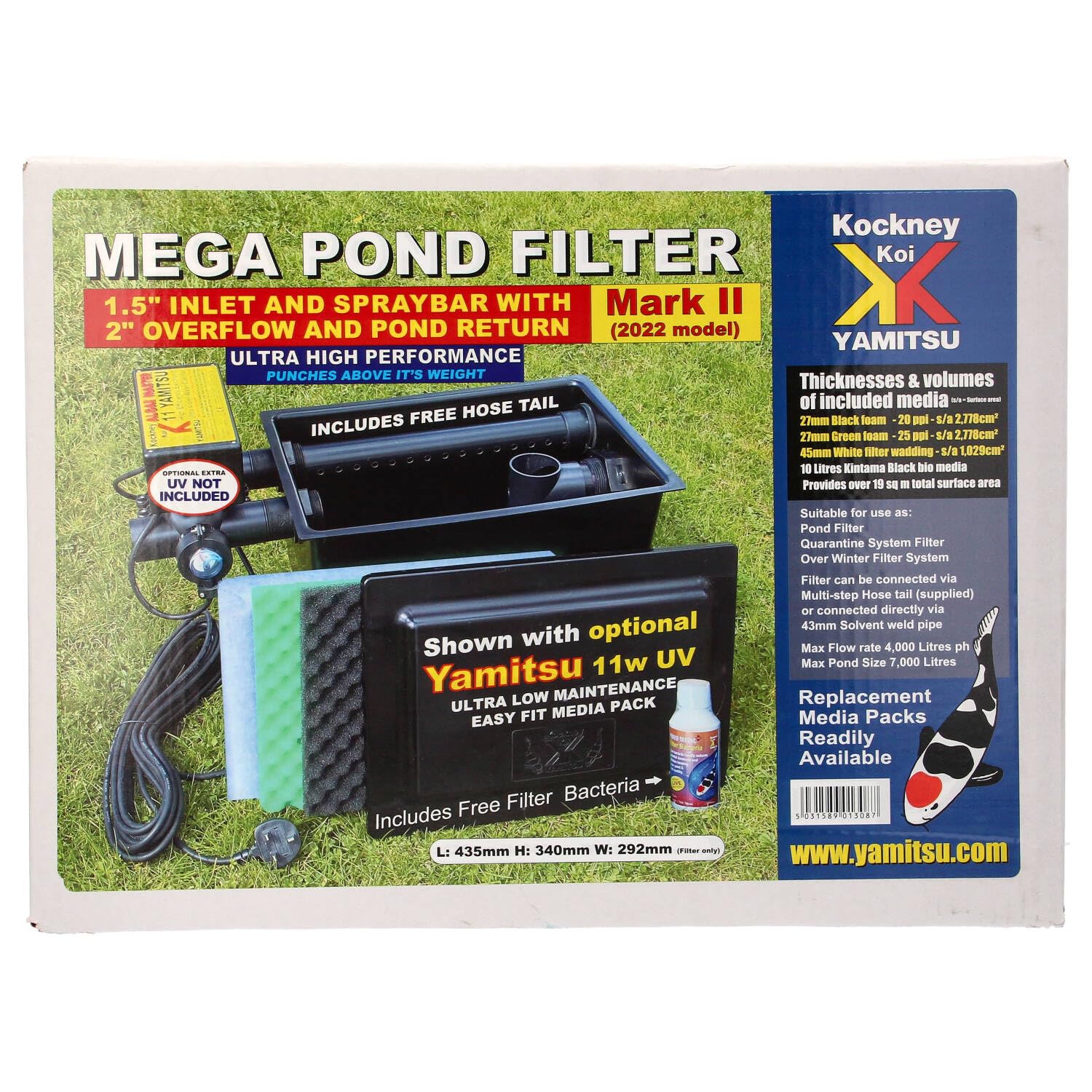 Yamitsu Kockney Koi Mega Pond Filter Black Box Size 1 (2022 Model) for Ponds up to 7000 Litres, Max Flow Rate 4000 Lph