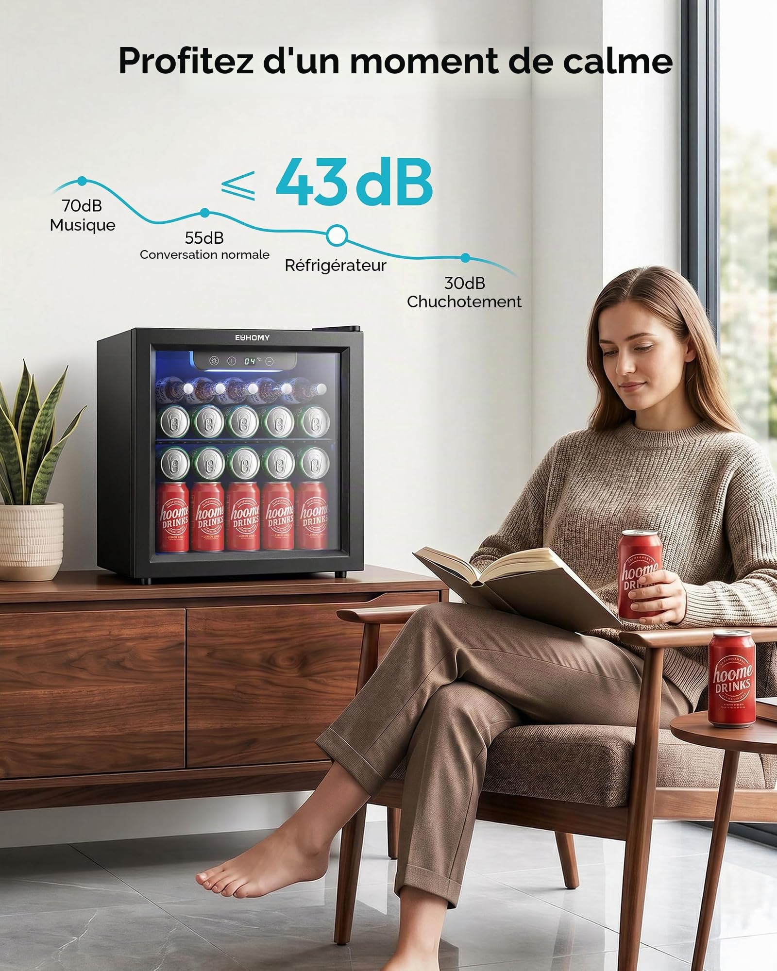 EUHOMY Réfrigérateur à Boissons 55 Canettes 36 L Silencieux 43 dB Porte Vitrée Noir