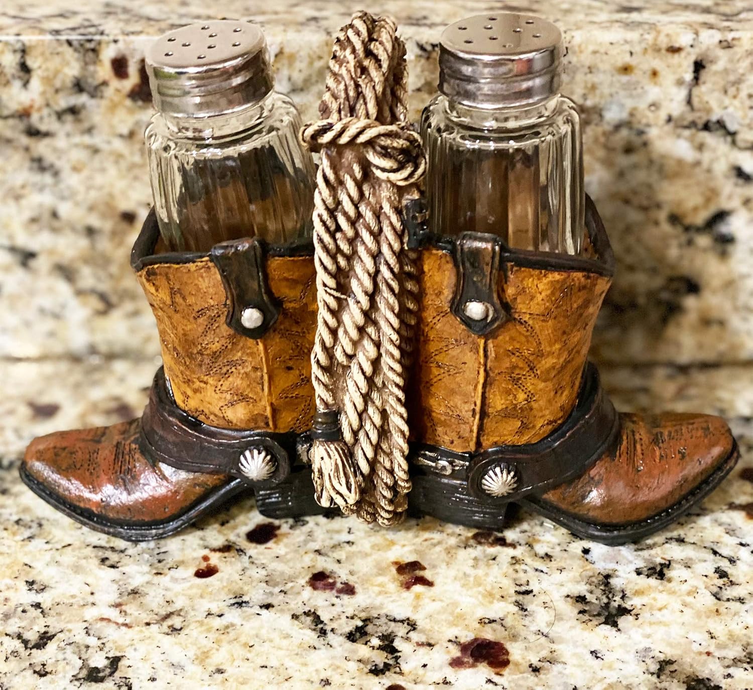 Urbalabs Cowboy Boots & Rope Ceramic Salt & Pepper Shaker Caddy – Rustic Western Farmhouse Table Decor