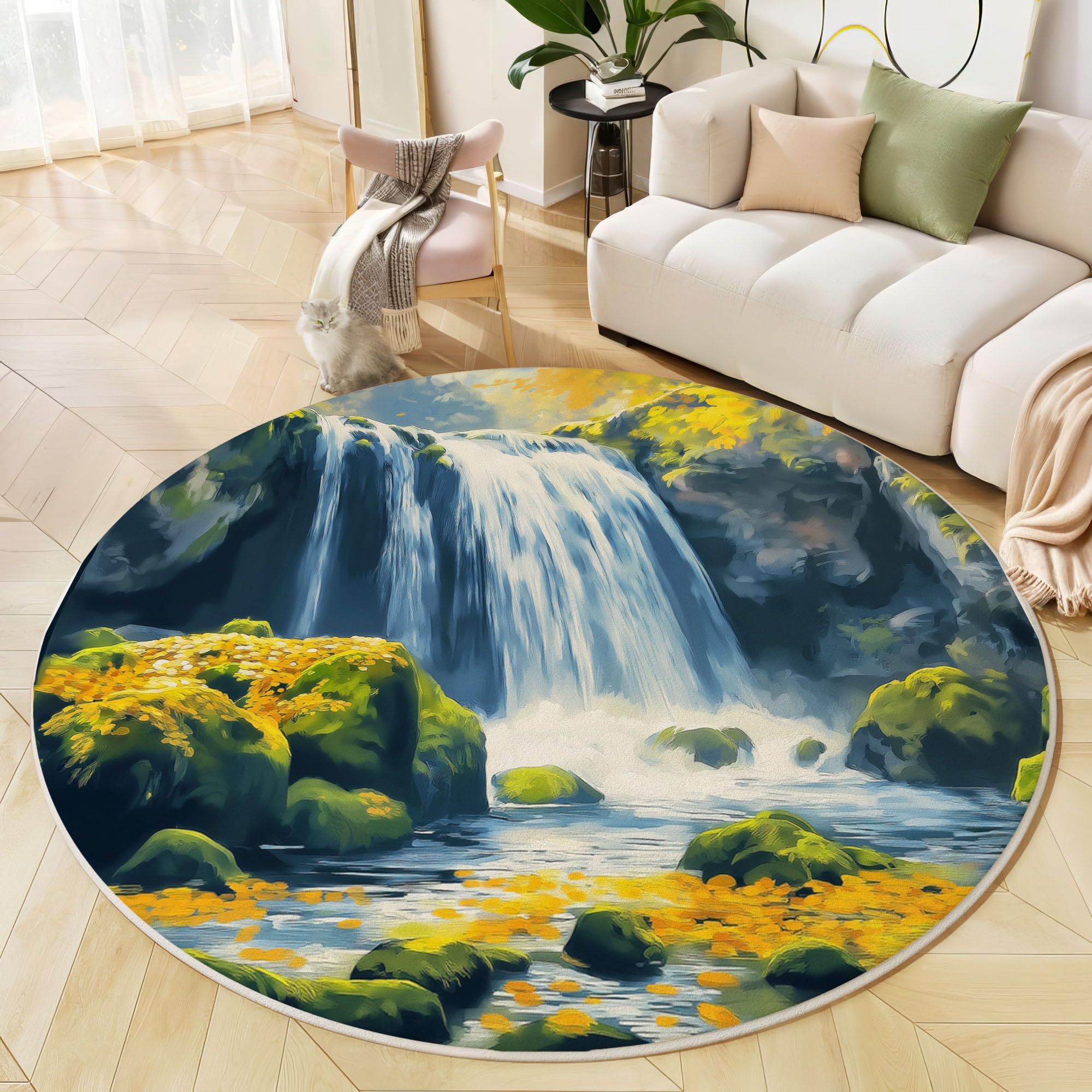Tapis rond enfant de haute qualité style peinture à l'huile cascade mousse vert salon