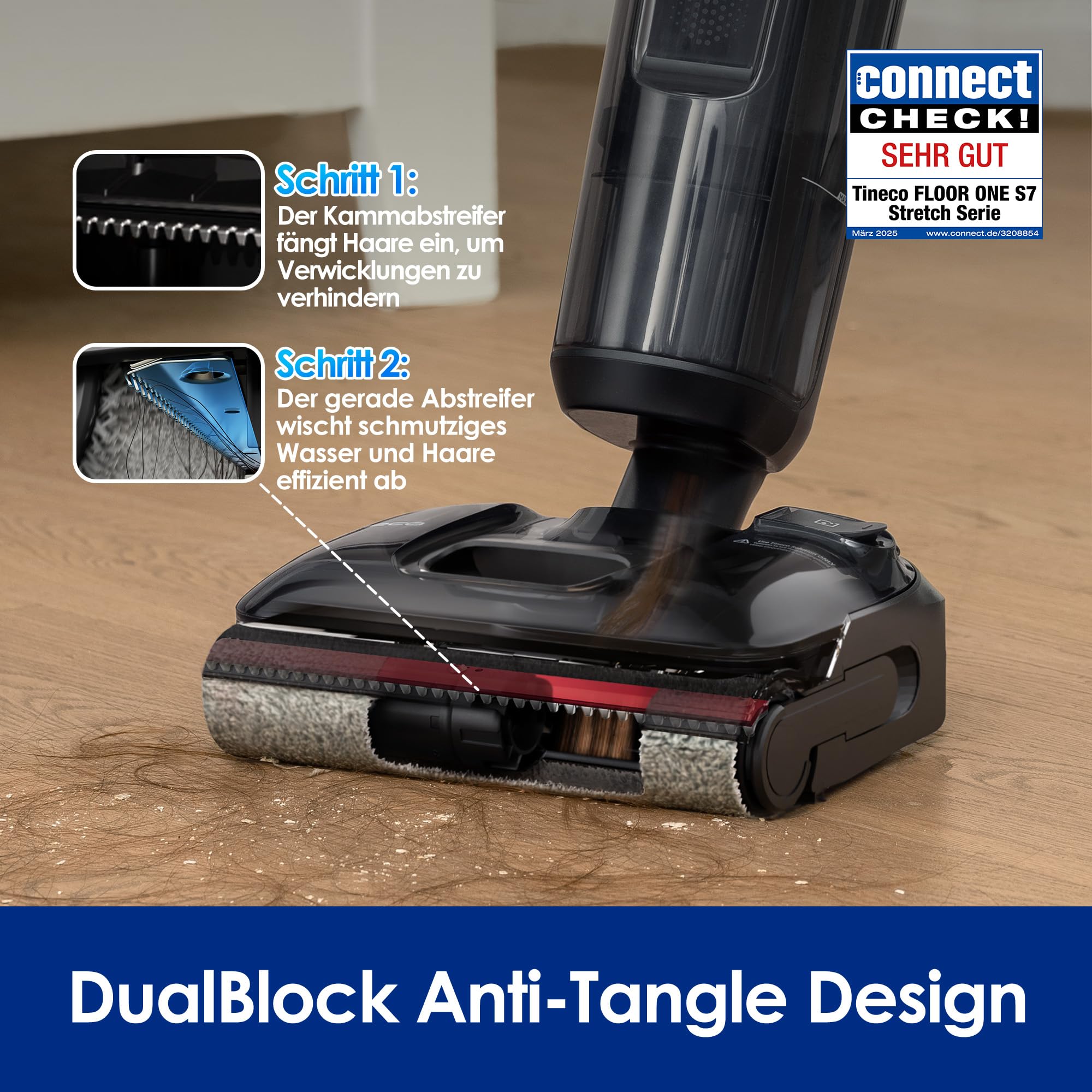 Tineco Floor ONE S7 Stretch Ultra Nass Trockensauger, 21000 Pa Saugkraft 180° Lay-Flat, 5 Min 85°C Flashdry, 50 Min Laufzeit, DualBlock Anti-Tangle, Beide Kantenreinigen, für Hartböden & Werkstatt