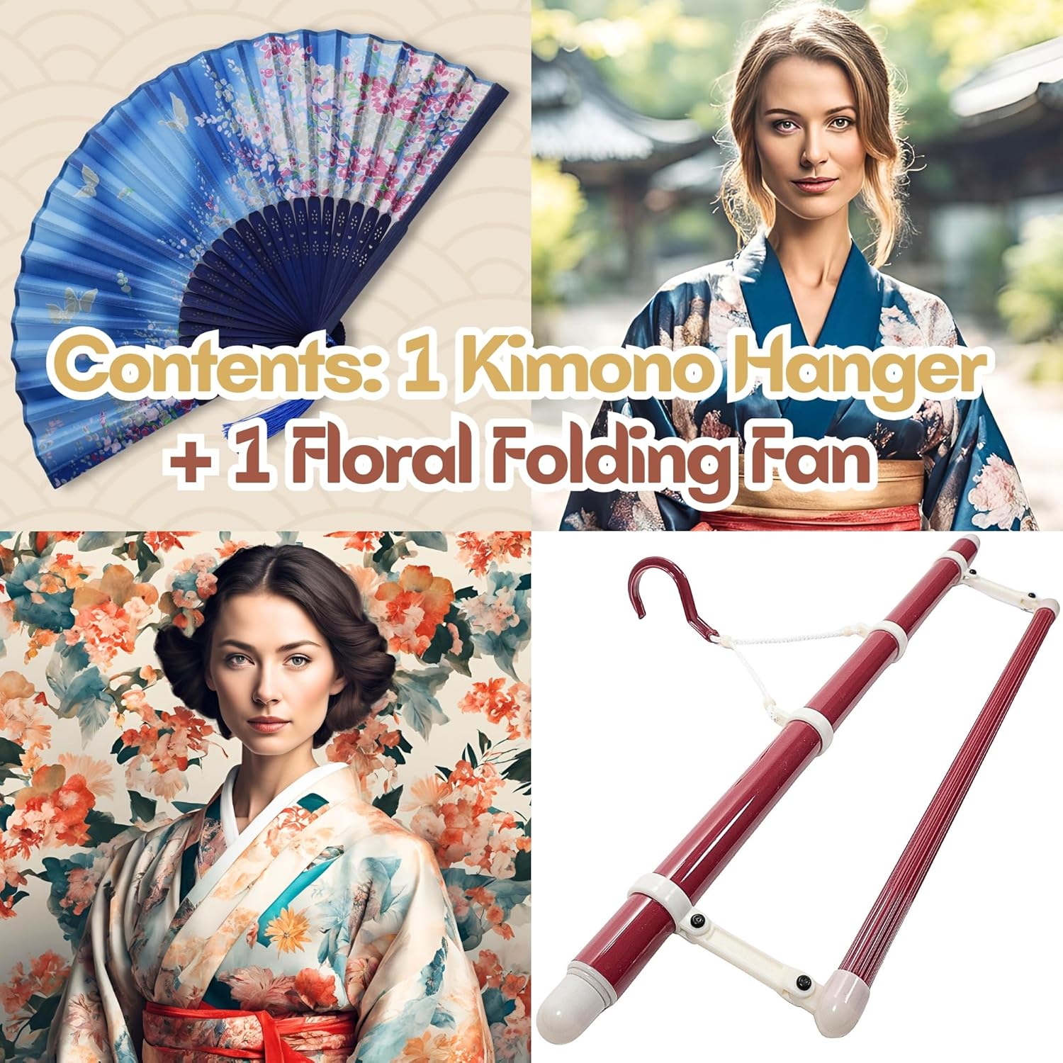 Japanese Kimono Hanger for Artistic Display - with Floral Folding Fan