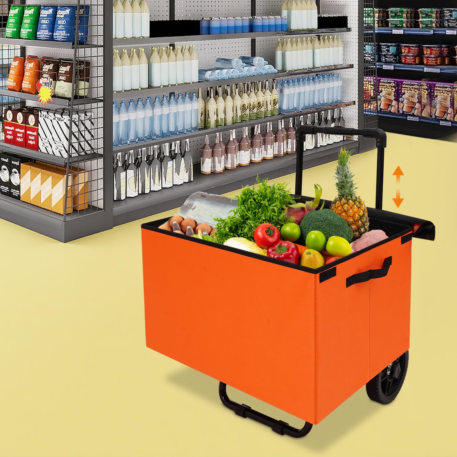 64L Einkaufstrolley klappbar Shopping Trolley, Ausgestattet mit Zwei Rollen und Einer Teleskopstange, Tragbarer Einkaufswagen, bis 80kg belastbar, Geeignet für Einkäufe und Lebensmittelkäufe (Orange)