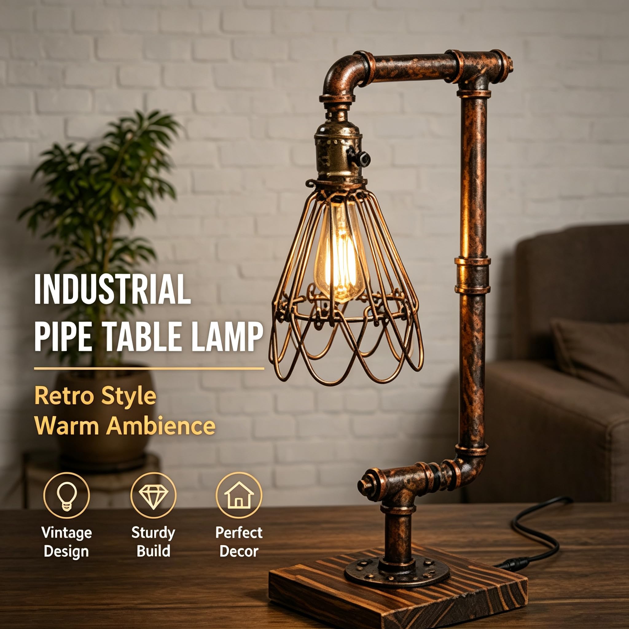 Lampada da tavolo a tubo d'acqua, stile vintage, industriale, E27, in metallo, lampada da tavolo Steampunk, in ferro, loft, per camera da letto, soggiorno (18 x 15 x 46 cm)