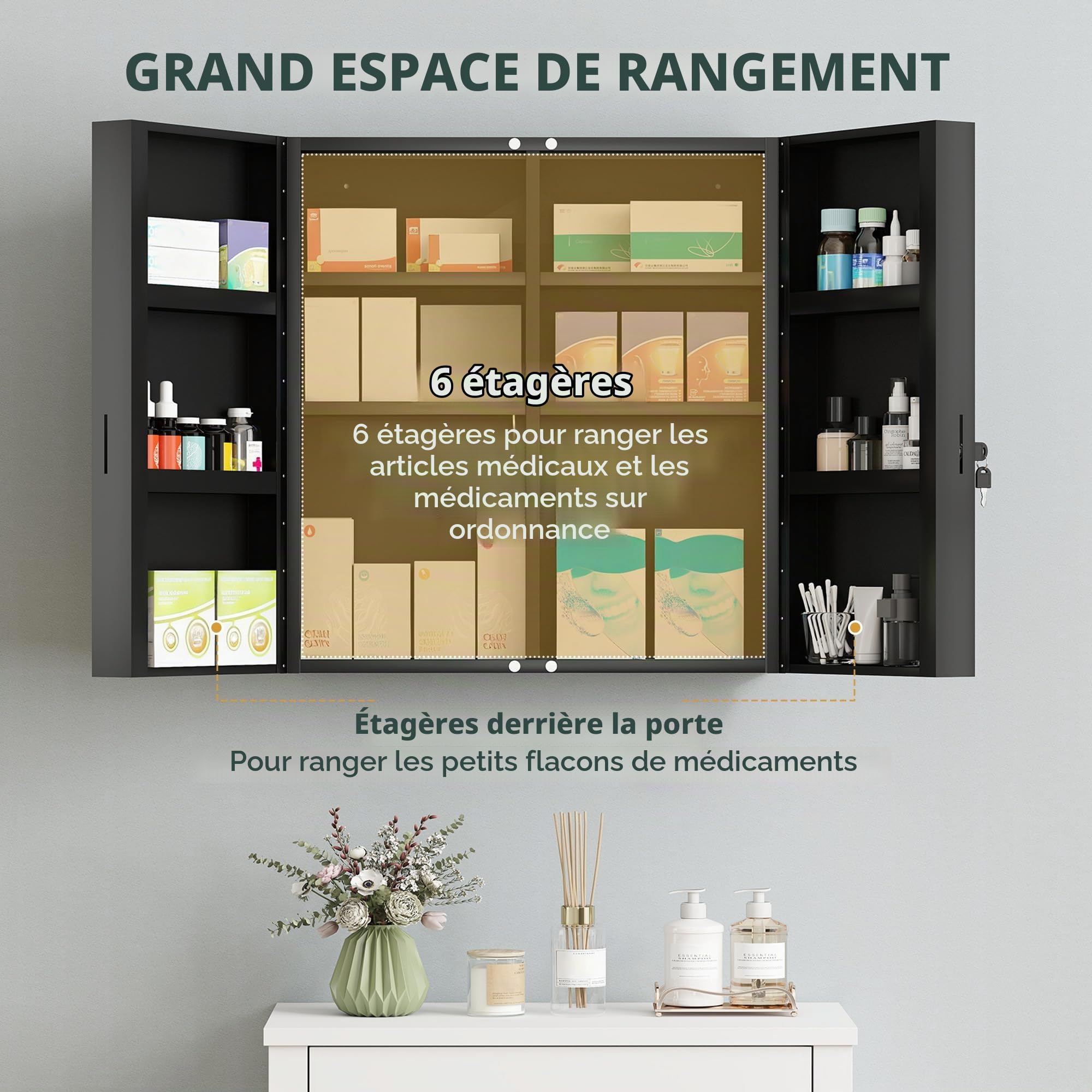 kleankin Armoire à Pharmacie Verrouillable 2 Portes 55x18x60cm Noir