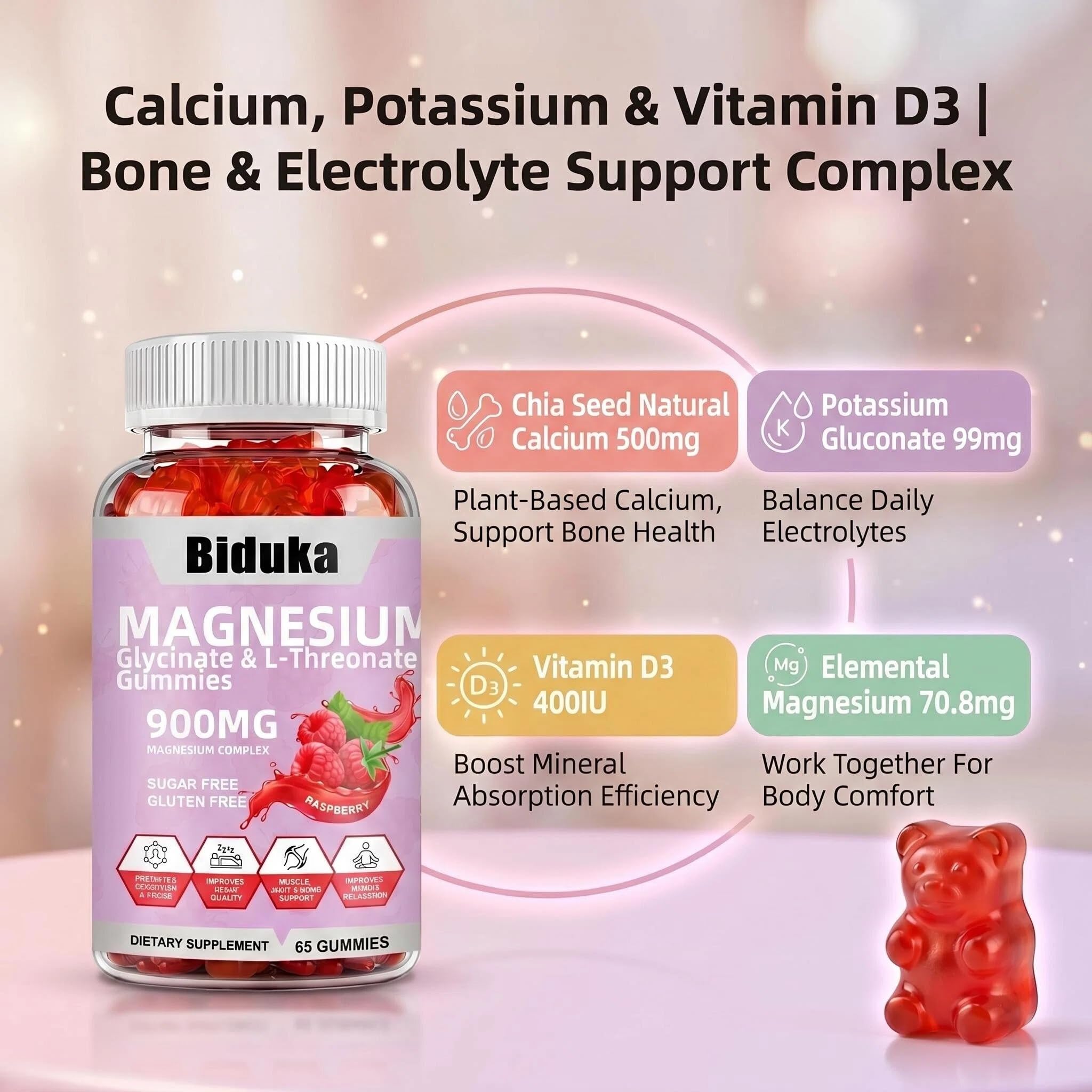 900mg Magnesium Glycinate Gummies, 65 Count, Sugar Free Magnesium Complex with L-Threonate, Potassium, Vitamin D, B6, CoQ10 Supplement for Relaxation, Raspberry Flavor — Amazon image 3