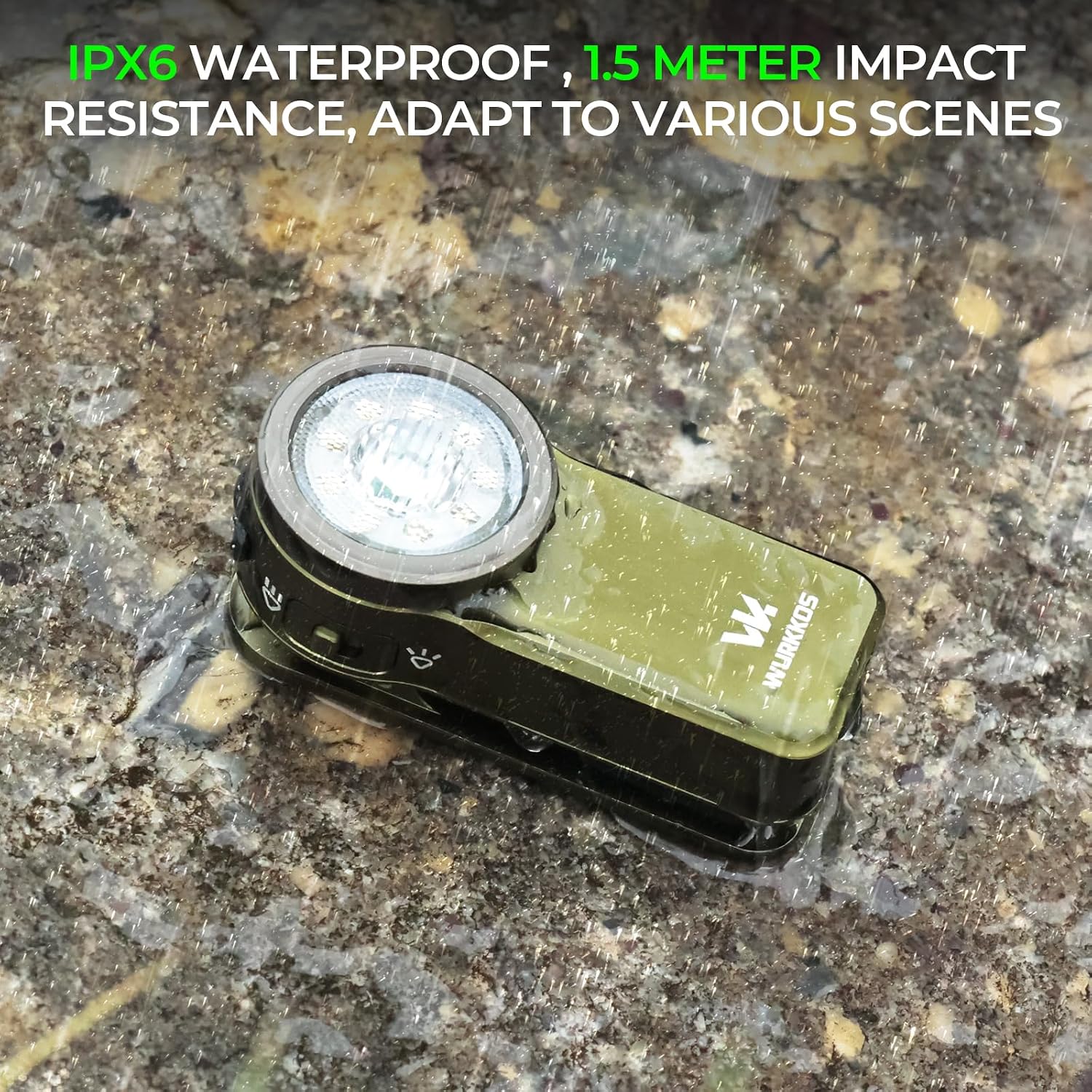 Wurkkos HD03 flashlight demonstrating IPX6 waterproof rating in rain