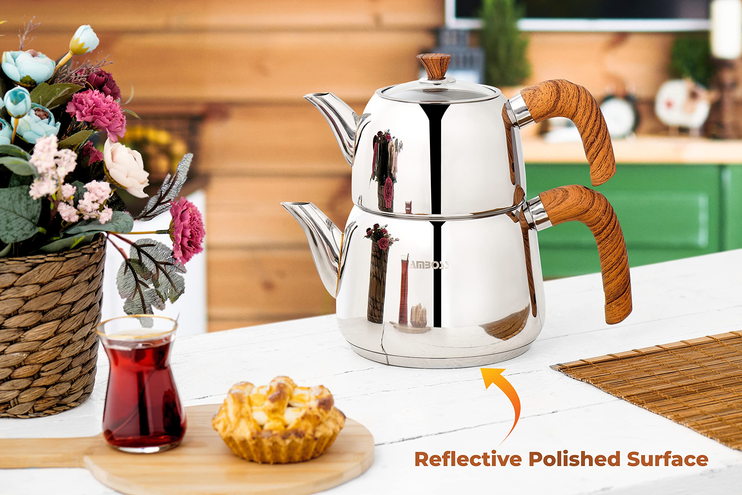 Amboss Turkish Teapot Set with Steam Lid 4 PCS Stainless Steel Wood
