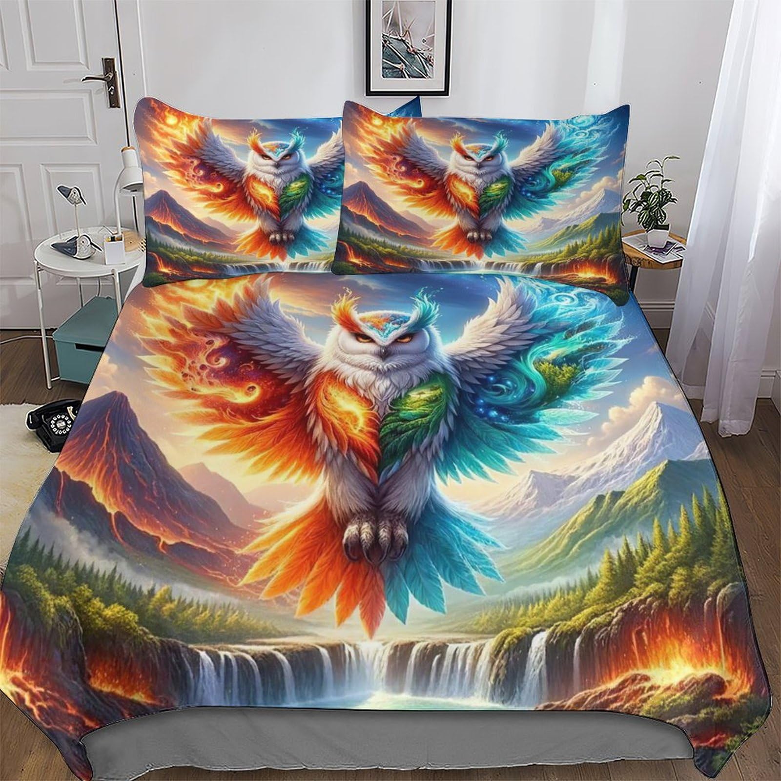 Housse de couette hibou 3D en microfibre 220x240 cm pour lit King avec taies d'oreiller