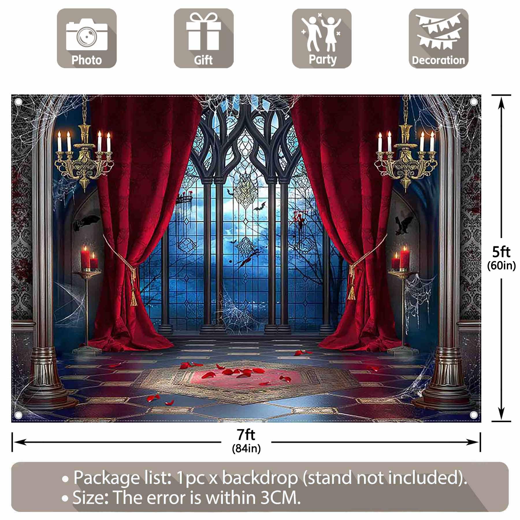 YCUCUEI 7x5ft Fabric Halloween Vampire Medieval Castle Backdrop Gothic Window Red Curtain Bats Photography Background Haunted House Party Decor Photo Props: 7'x5' blue