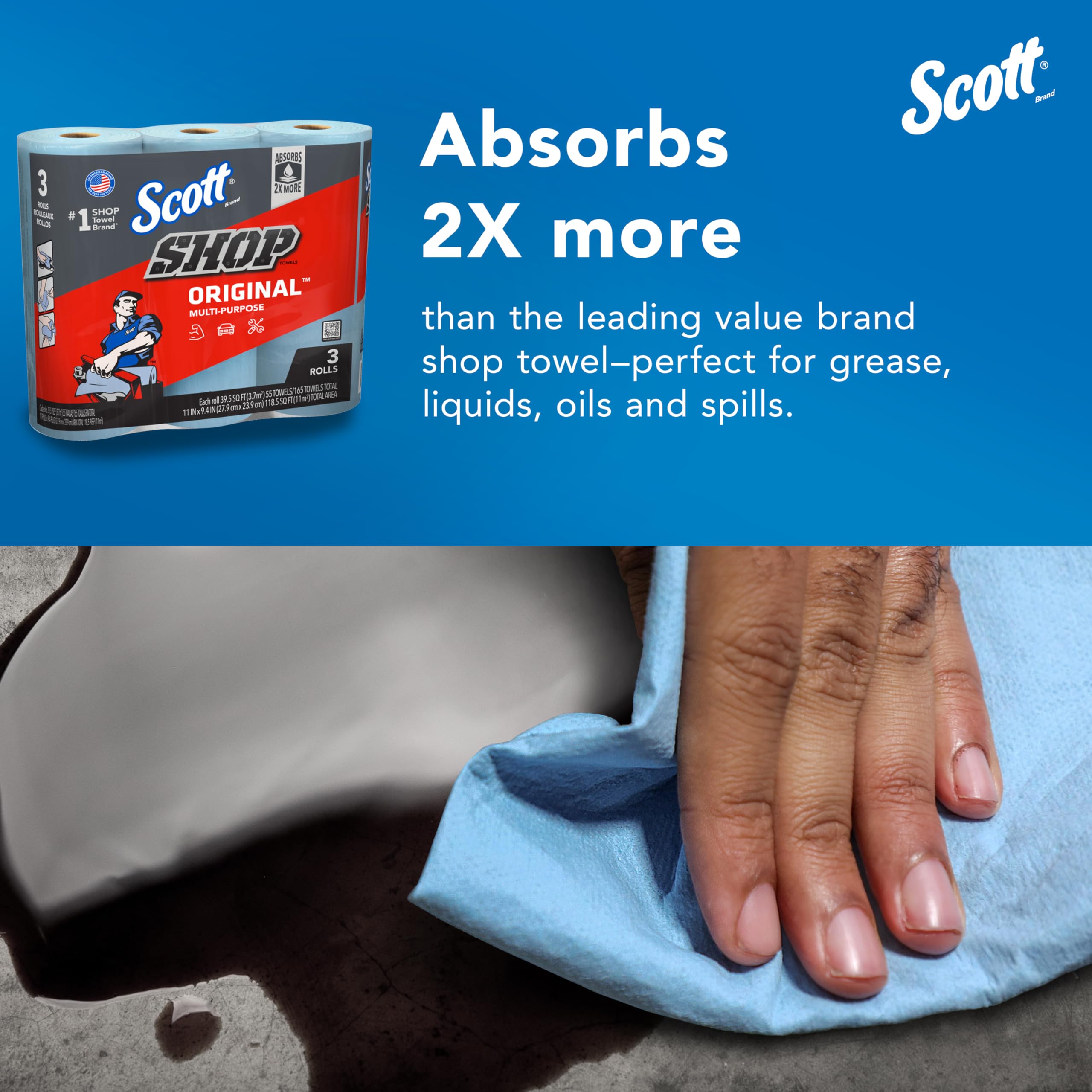 Scott Shop Towels Original (75143), blu, 55 fogli/rotolo standard, 30 rotoli/custodia (10 pacchi di 3 rotoli), 1.650 asciugamani/custodia