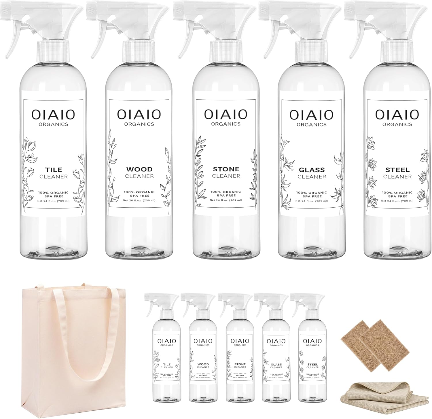 Non-Toxic Home Cleaning - The Collection 5 Pack - Includes 5 Cleaners, 1 Canvas Tote, 2 Microfiber Cloths, 2 Coconut Husk Scrubers - Natural Organic Ingredients that Truly Perform