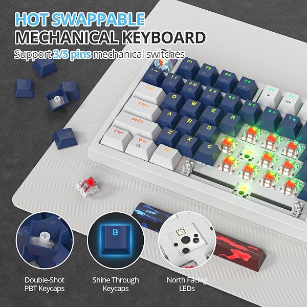 Tastiera meccanica con guarnizione al 75%, tastiera RGB meccanica cablata personalizzata TKL al 75% sostituibile a caldo con cuscinetti fonoassorbenti, QWERTY americana programmabile - 4
