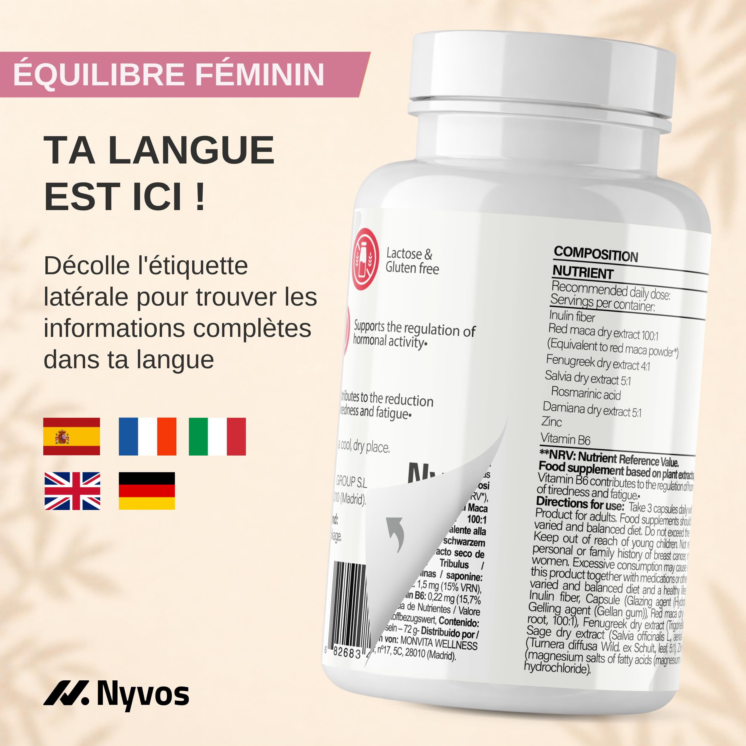 Shatavari SRI-81 Femme | Équilibre et Vitalité Féminine à Chaque Cycle | Avec Vitamine B6 et Zinc | Extrait Standardisé >10% Shatavarines HPLC | Végan Sans Gluten ni Lactose | Nyvos 120 Gélules