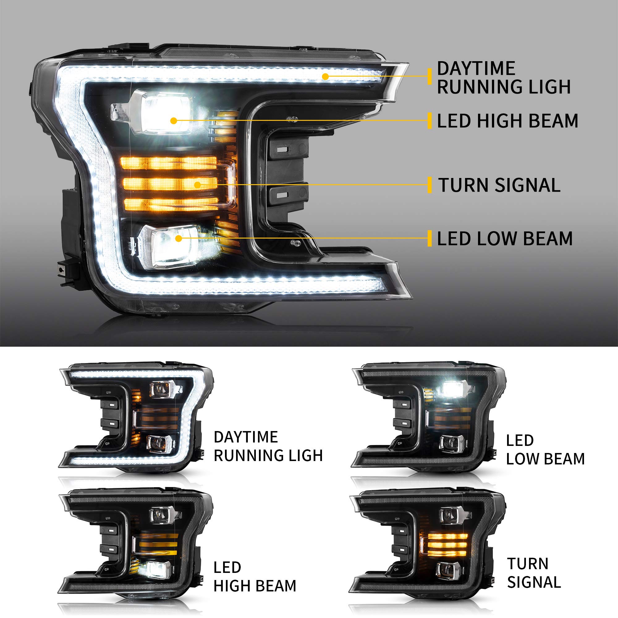VLAND Full LED Upgraded Headlights for [Ford F150 13th Gen Pickup 2018