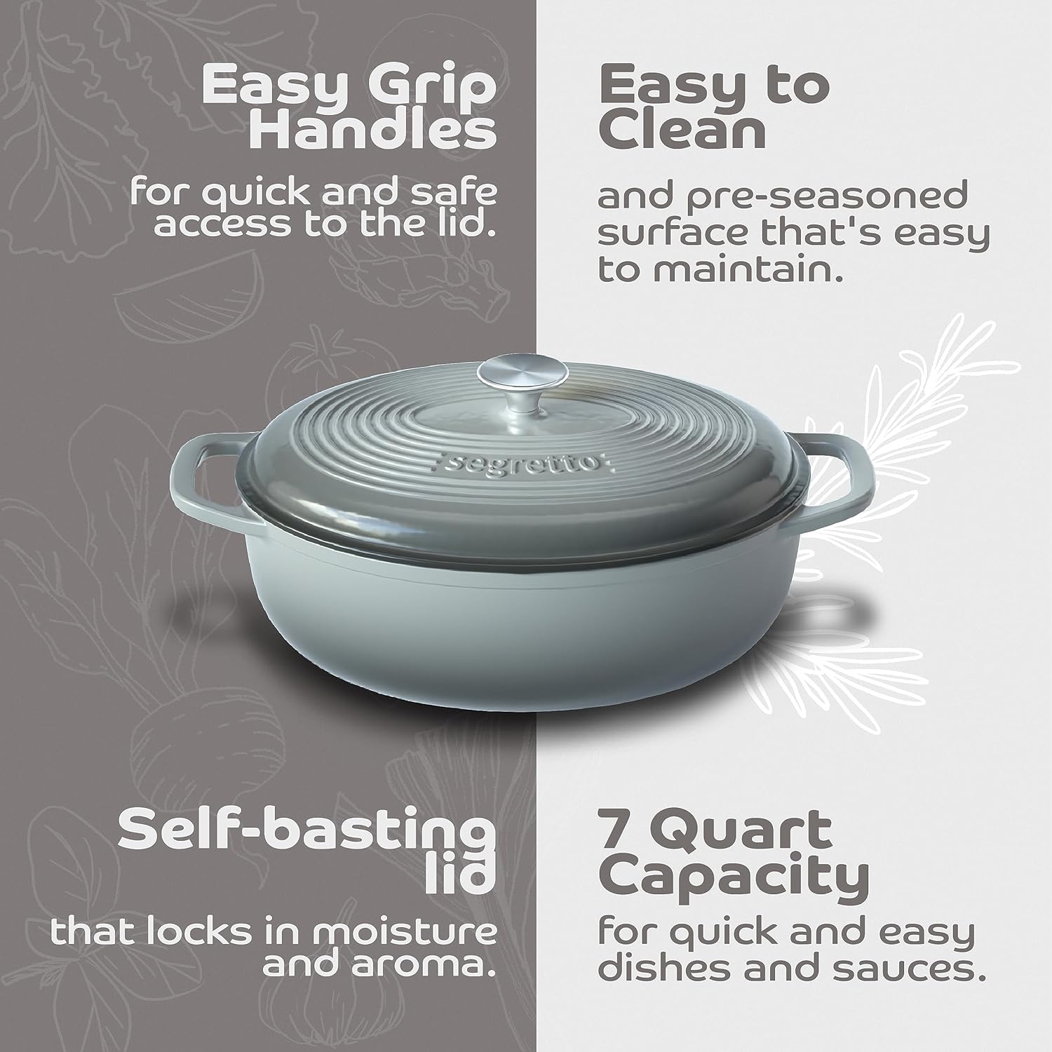 Segretto Cookware Enameled Oval Cast Iron Dutch Oven with Handle 7-Quarts Grigio Scuro (Gray) 7 qt Oven Safe Dutch Oven Pot With Lid Enamel cast Iron Pot Cookware for Bread Baking