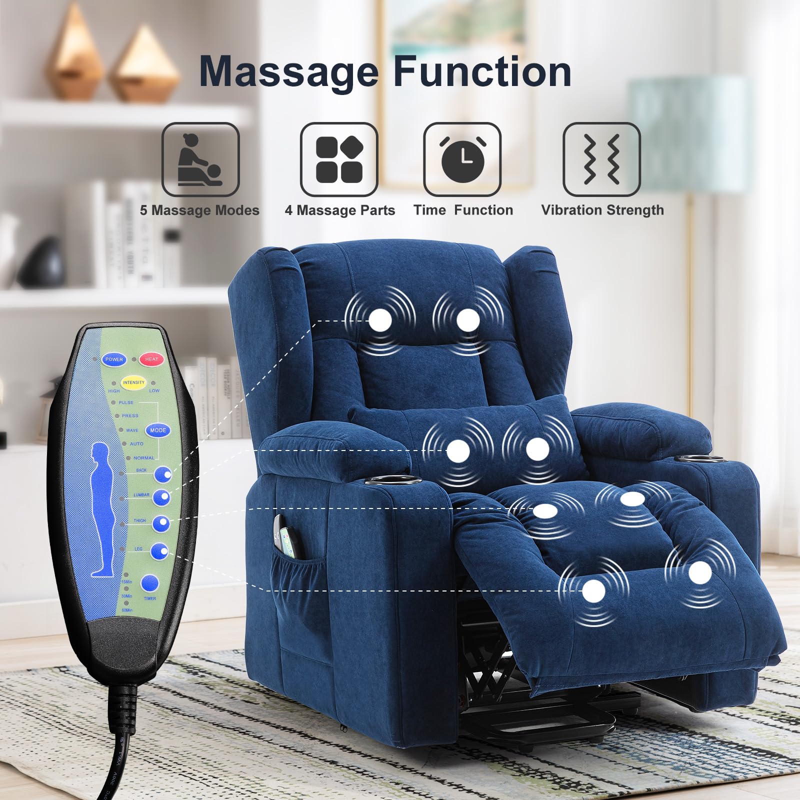 COMHOMA Sillón Relax Masaje Reclinable Electrico de Tela con 8 Puntos de Masaje Vibrante Función, Lumbar Poltrona Reclinável Levantapersonas Azul