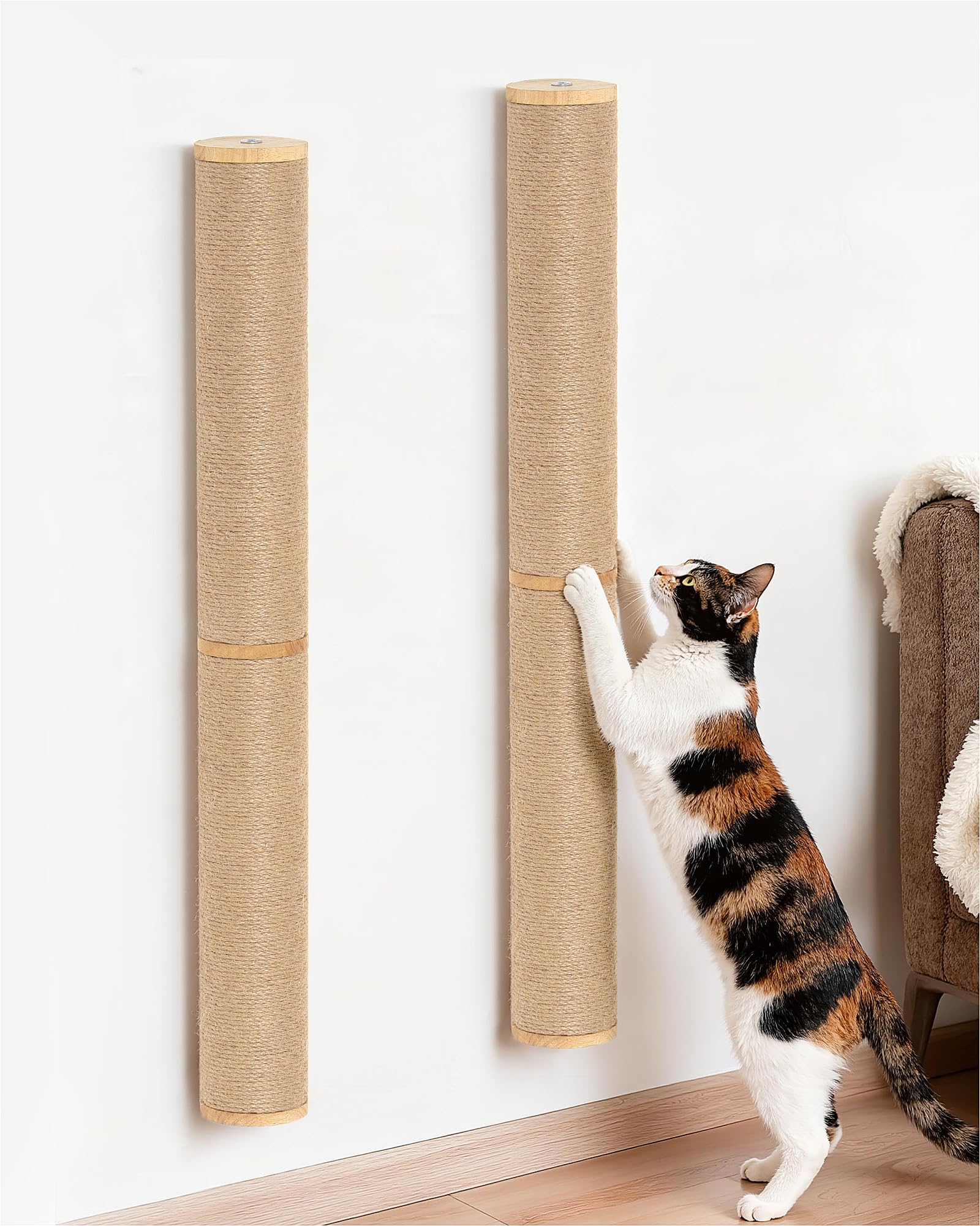 Aechonow 68" Wall Mounted Cat Scratcher, 2-Pcs of 34inch Tall Sisal Scratching Posts, Wall Mounted Cat Pole for Indoor Large Adult Cats Climb Stretch Play, Wooden