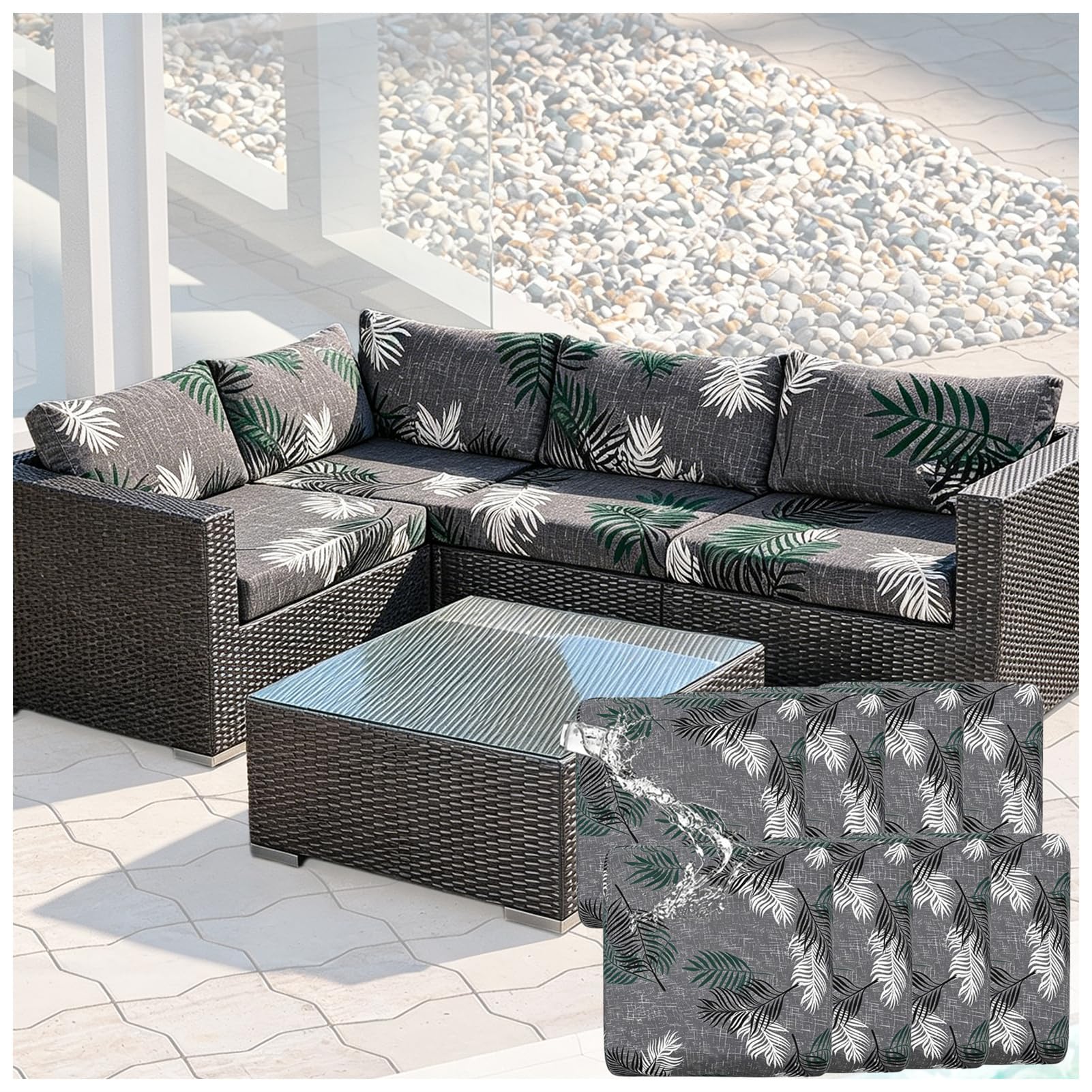 Housse de Coussin Extérieur Imperméable et Extensible avec Membrane TPU, Housse de Remplacement pour Assise et Dossier de Salon de Jardin, Canapé, Rotin et Patio (Pattern 2,8pcs)