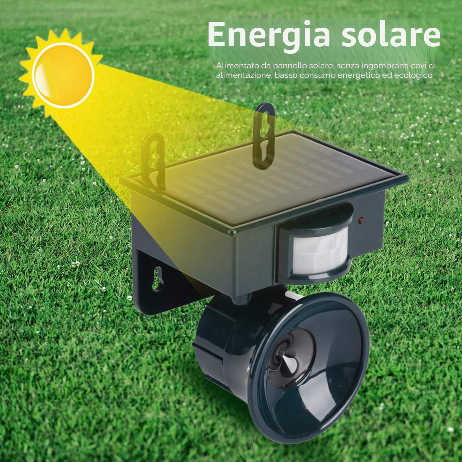 Repellitore ad ultrasuoni Repellitore ad ultrasuoni per uccelli, Sensore di movimento PIR ad energia solare Repellente ad ultrasuoni Cane Gatto Volpe Cacciatore di topo