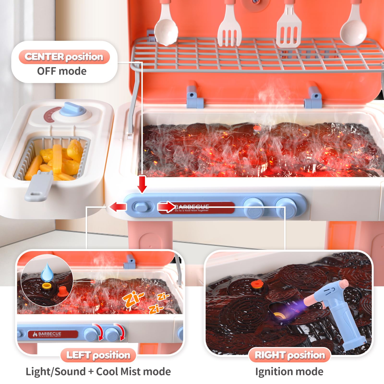 cute stone Barbecue pour Enfants avec Aliments changeant Couleur, Vaporisateur Brume fraîche, Sons et lumières Jeu de Cuisine d'extérieur avec poêle à Frire, sur roulettes pour Un déplacement Facile