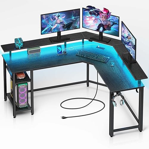 Rolanstar Computer Desk 46.2" with Power Outlets USB Ports & LED Strip,Reversible L Shaped Desk with Monitor Stand & Storage Shelf,L Shaped Gaming Desk with Hooks,Home Office Desk, Black - 53*46.2*34.1 inch - Black