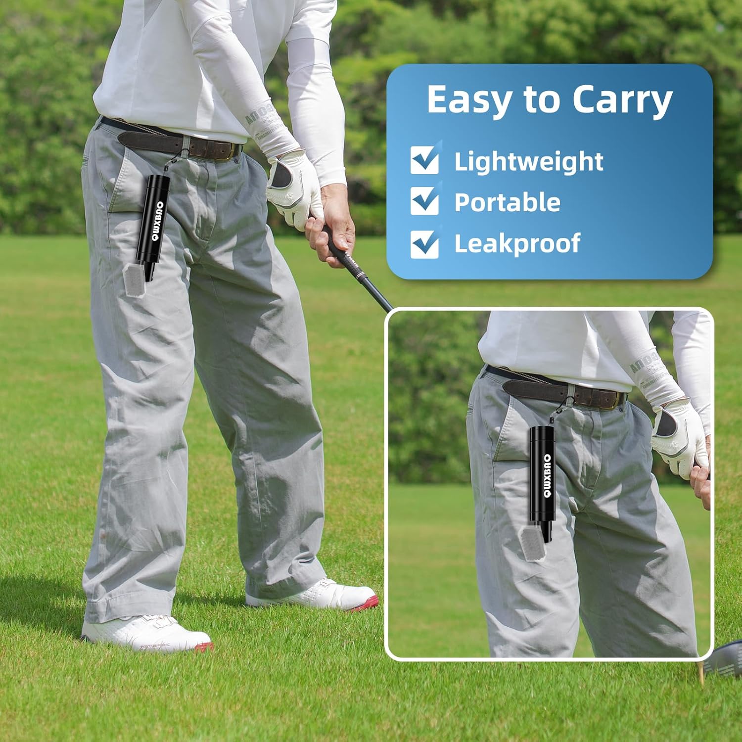 The Golf Club Brush Features a Press-Activated Water Bottle for Effortless Cleaning. Combining Portability with Cost-Effectiveness, This Gender-Neutral Design Makes an Ideal Gift for Players.