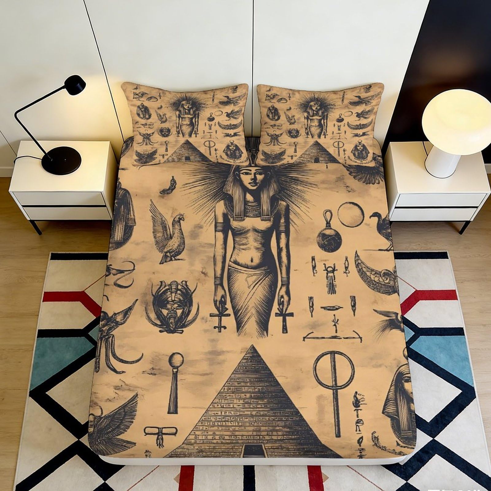3D Printed Egyptian Hieroglyphs Fitted Sheet Microfiber Soft Non-Slip Pyramid Art Mattress Cover Bedroom Decor 120x200cm 200x200x25cm