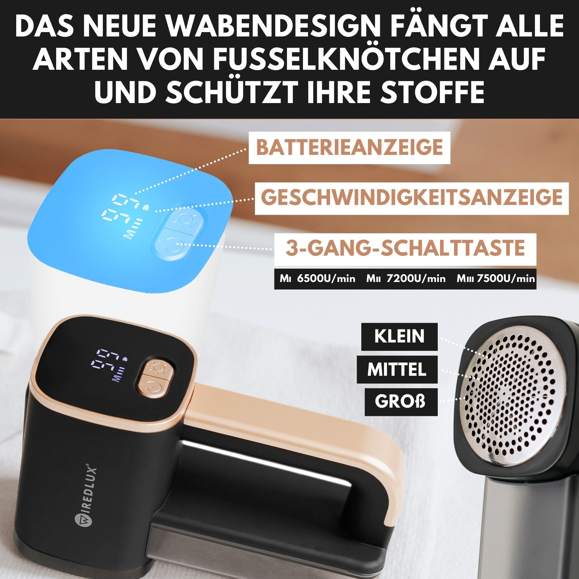 Fusselrasierer Elektrisch WiredLux - Wiederaufladbarer Fusselentferner für Kleidung & Möbel - LED-Licht, Einstellbare 3-Fach Geschwindigkeit, 6-blättrige Klinge, USB-Aufladung (Onyx/Gold)