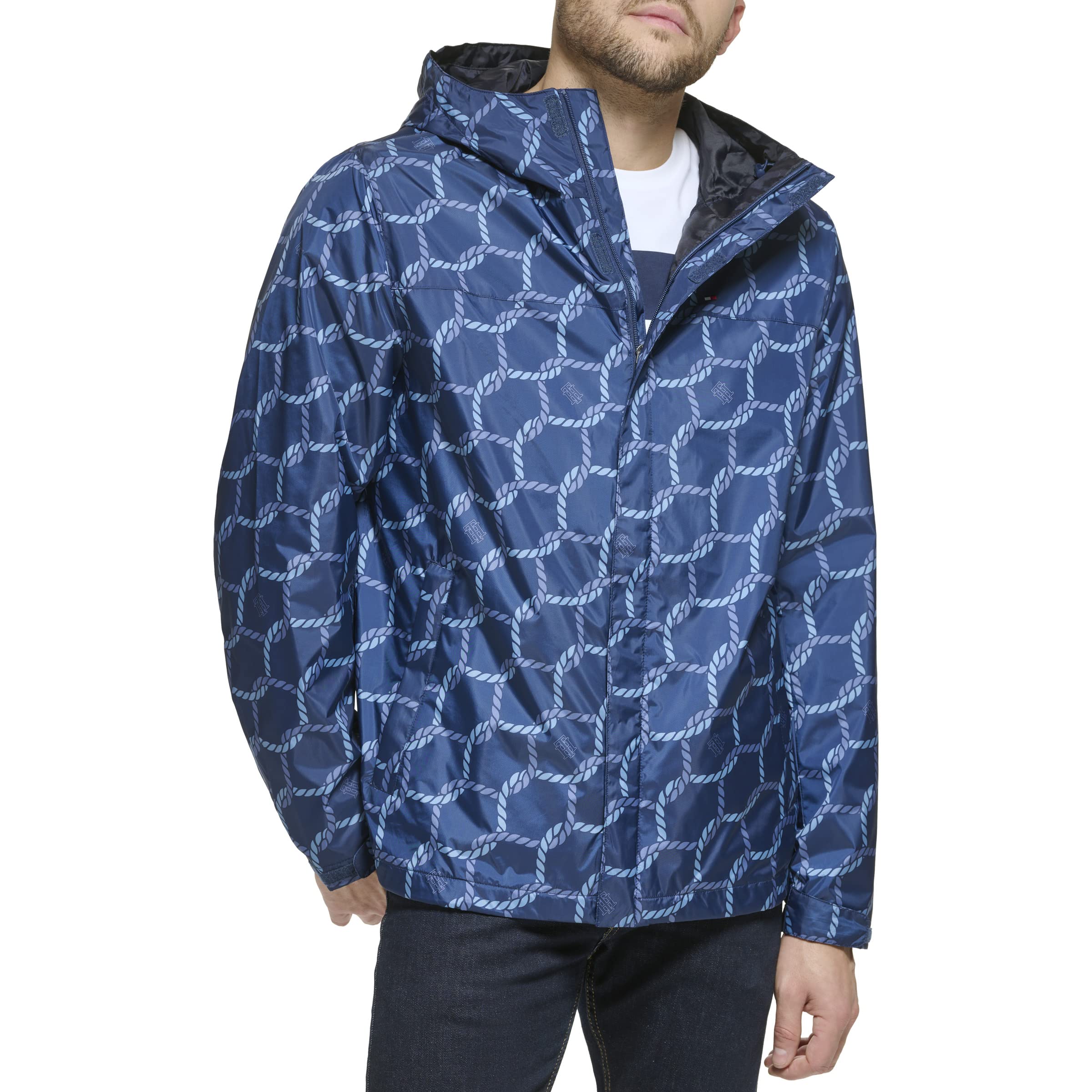 Tommy Hilfiger Men's Nautical Rope Print Legacy Lightweight Breathable Waterproof Hooded Rain Jacket Raincoat, L