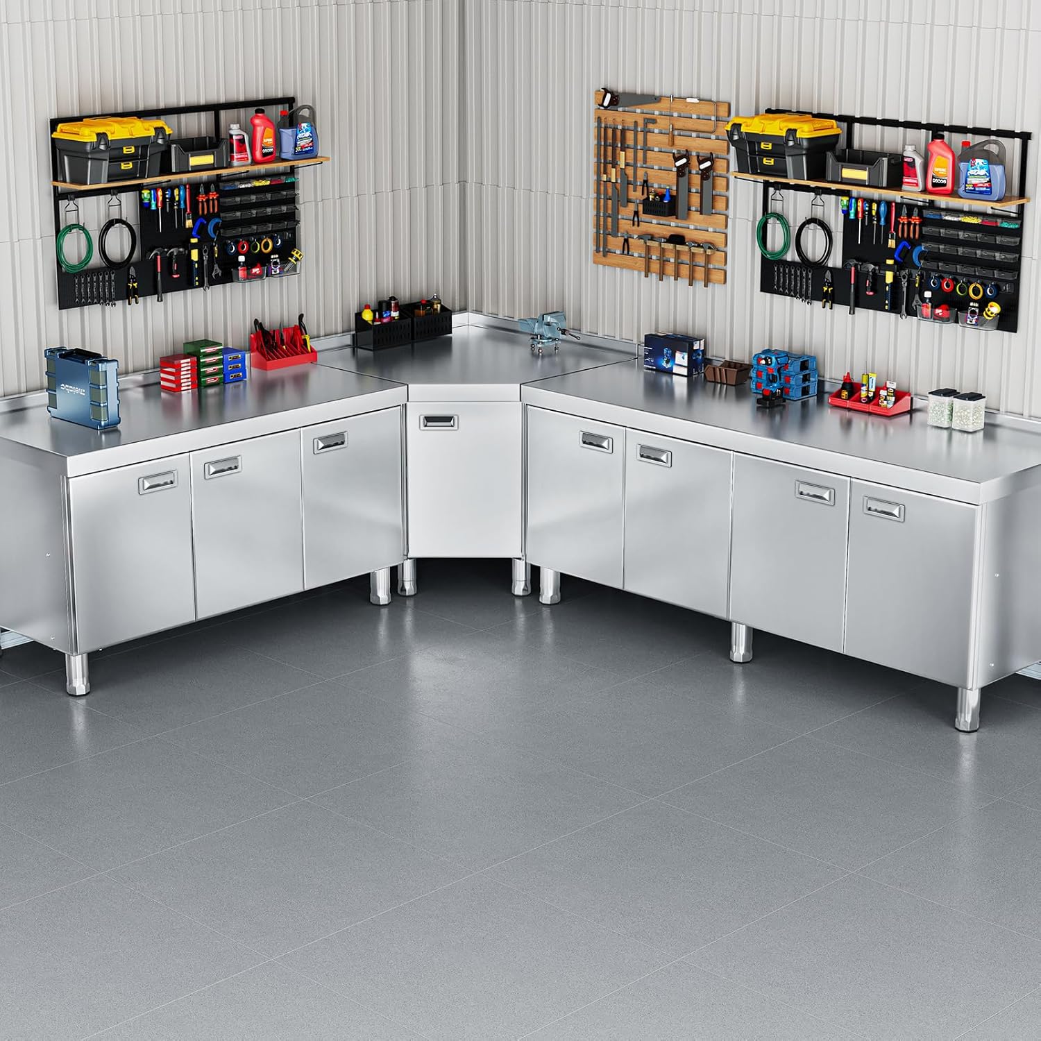 WWK Corner Stainless Steel Table with Cabinet, Commercial Kitchen Table for Prep & Work, Heavy Duty Outdoor Kitchen Cabinet with Pull-Out Door for Restaurant, Hotel, Garage and Cafe