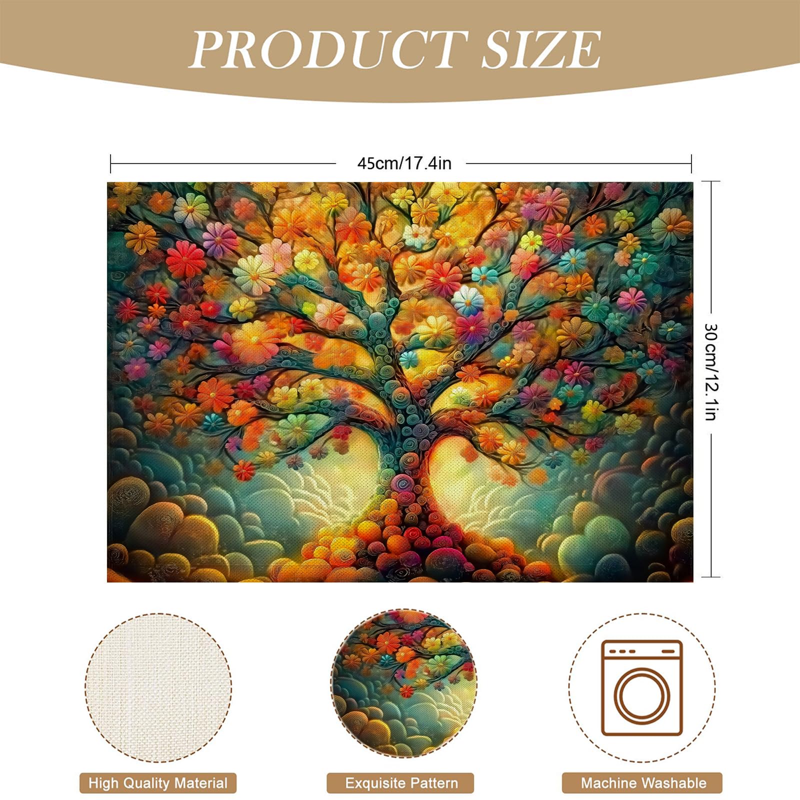 Set di 8 Tovagliette Americane Lavabili Cotone Lino Paesaggio psichedelico - Tovaglietta Americana Resistenti al Calore Durevole Fiori e foglie - per Colazione Pranzo 30×45 cm