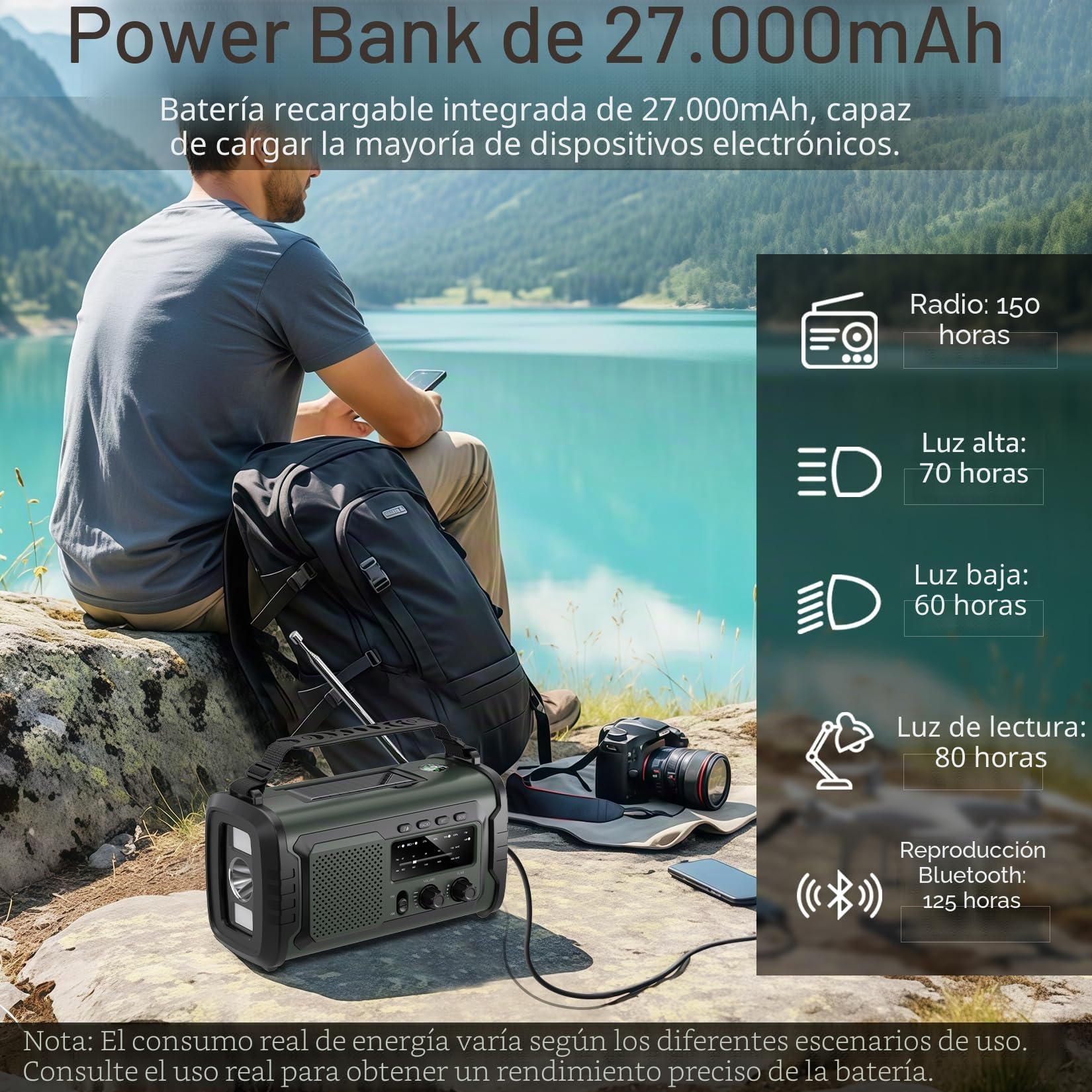 27000mAh Radio Emergencia, FM/Am Radios Solar y Recargable con Bluetooth 5.3/Alarma SOS/Brújula/Linterna, Radio De Dinamo para La Preparación Al Aire Libre para Desastres Naturales