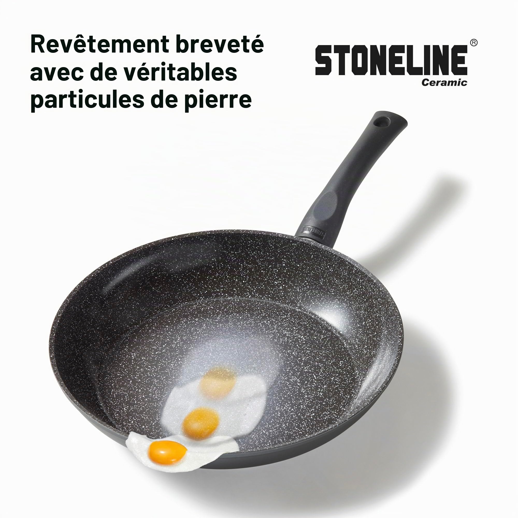 STONELINE Ceramic Lot de 3 Poêles 20/24/28 cm, adaptée à l'Induction, Revêtement Antiadhésif avec de Vraies Particules de Pierre, Cuire, Rôtir et Mijoter sans Huile ni Graisse, Noir